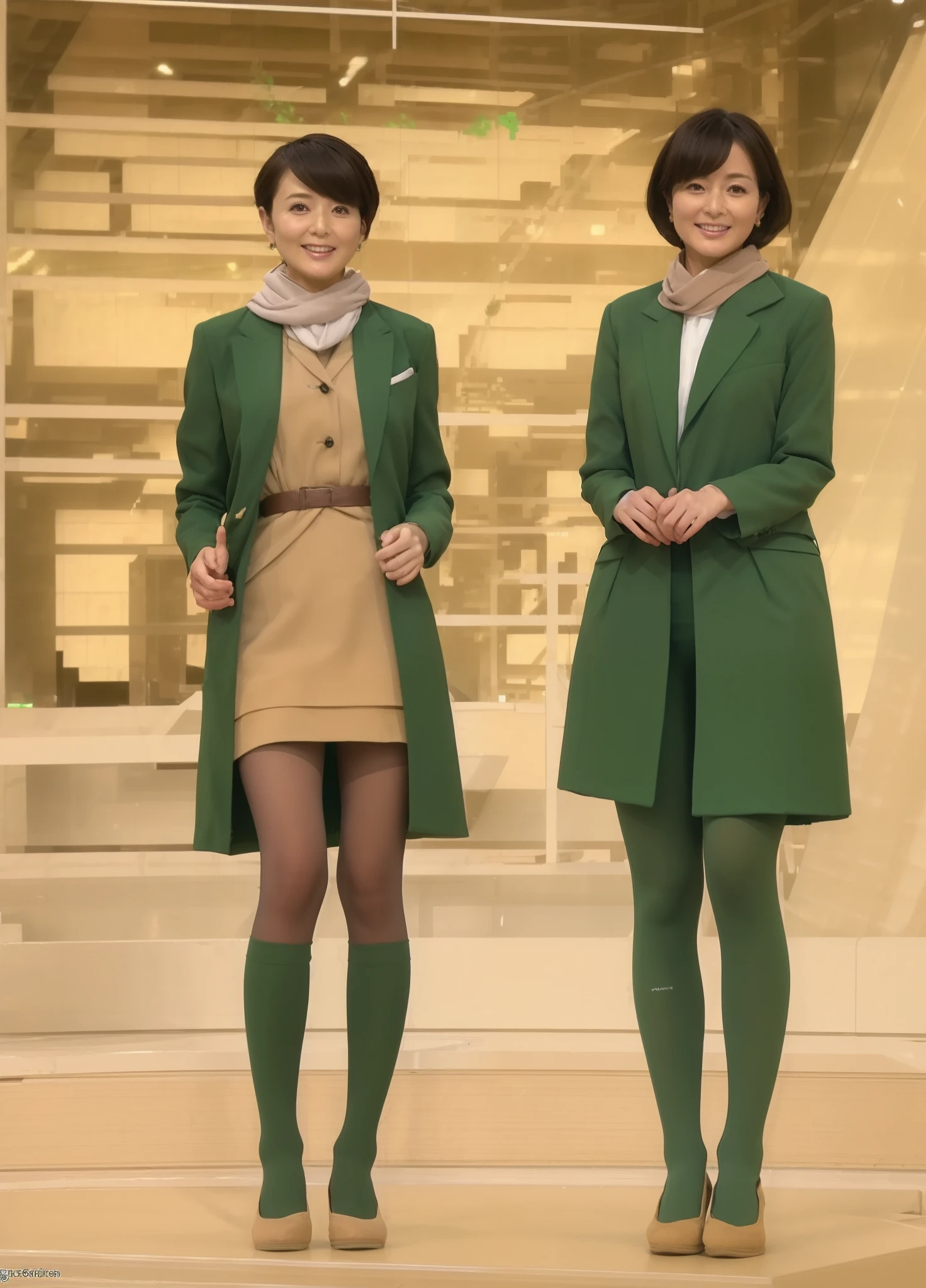 masterpiece,best quality,higher, 1girl, solo, green suit, scarf, standing, companion, green jacket, green skirt, beige stockings, recruit suit