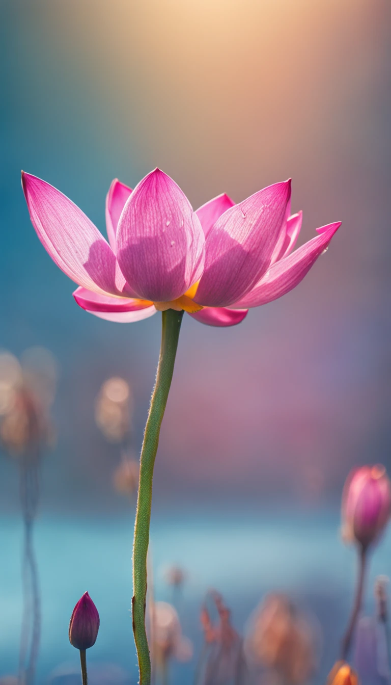 microcosm , Masterpiece , macro photography , cobweb, filmgrain, Bokeh , Smoke , Highly detailed, Sunny Sunny weather, Microflower, The drops, bblurry, 1 realistic lotus close-up with sky blue background, subdued contrasts, rendering by octane , illusory engine