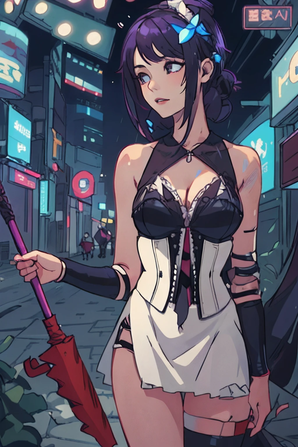 There was a woman in a corset holding a black umbrella, Anime girl cosplay, cosplay, Anime cosplay, Rained, gorgeous maid, cosplay foto, full-cosplay, cyberpunk anime girl, very beautiful cyberpunk samurai, seductive anime girls, sakimichan frank franzzeta, rpgmaker, cosplay of a catboy! maid! dress, Tifa Lockhart, professional cosplay