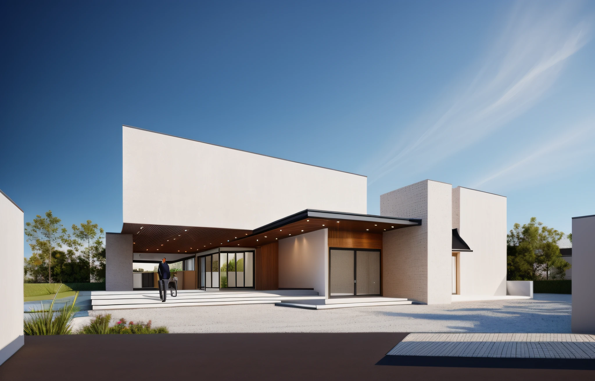 1 modern building with main materials are white walls and wood, with accents, minimalist design, masterpiece, high quality, details utral:1.3, sunset:1.3, ((dynamic lighting:1.3) )), perfect lighting, shimmering sky:1.2, large yard, modern feel, 1 black car:1.3, behance.net,warm light brighteness from indoor:1.4