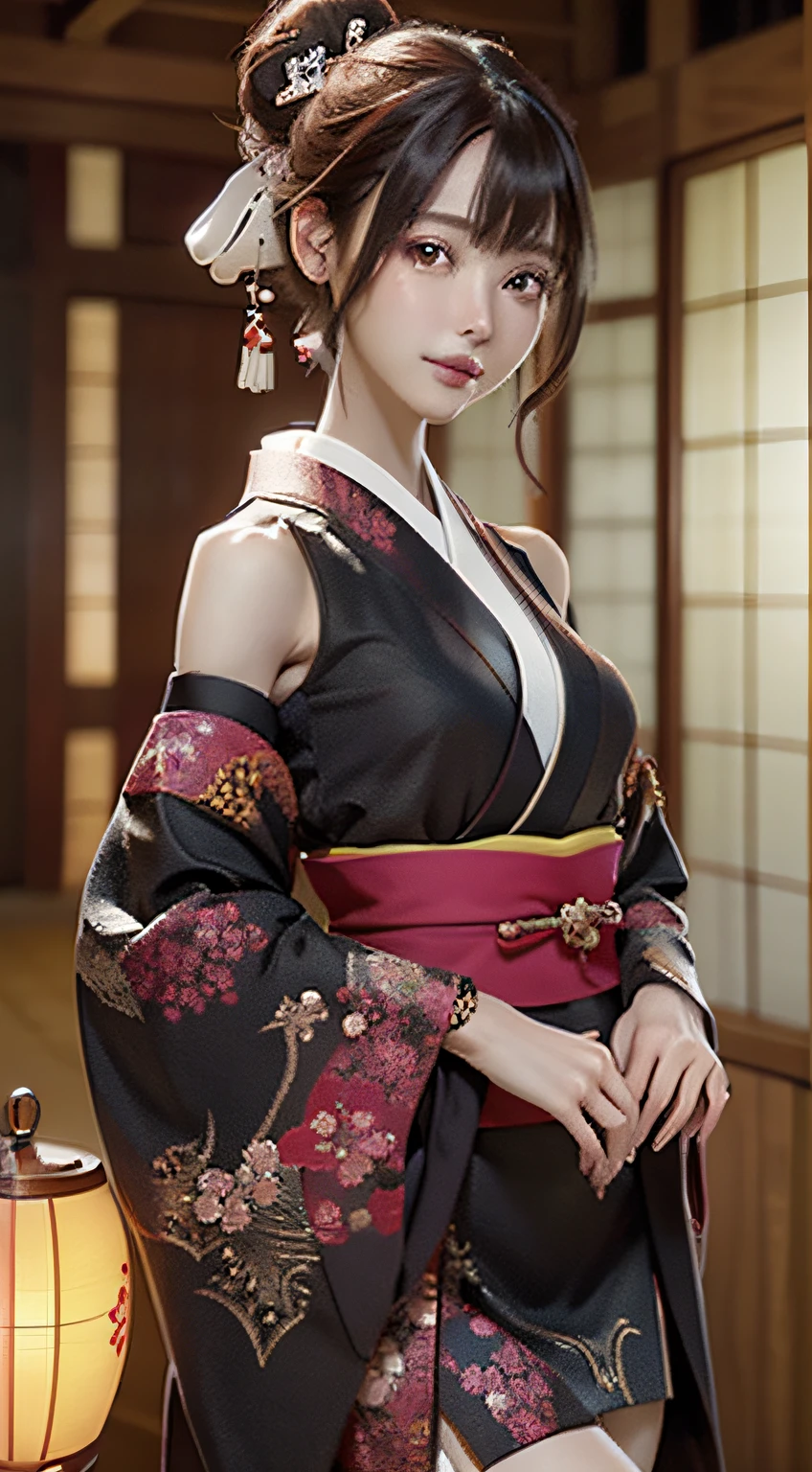 Official art, 统一 8k 壁纸, ultra-detailliert, Beautifully Aesthetic, masterpiece, top-quality, (Zentangle, Tangles, Entanglement), (Fractal Art: 1.4), 1girl in, A dark-haired, japanse, bare shoulders, a short skirt, Calf, ighly detailed, dynamic ungle, cowboy shot, (The most beautiful forms of chaos), A flowing, (bright colour), nffsw, (half: 1.2), japanese-inspired, (Tanka Flying Sky: 1.5), (bow ribbon: 1.3), (Dreams: 1.5), (A Japanese style: 1.5), Japan Phoenix、(A smile:0.5)、(japanese god)、