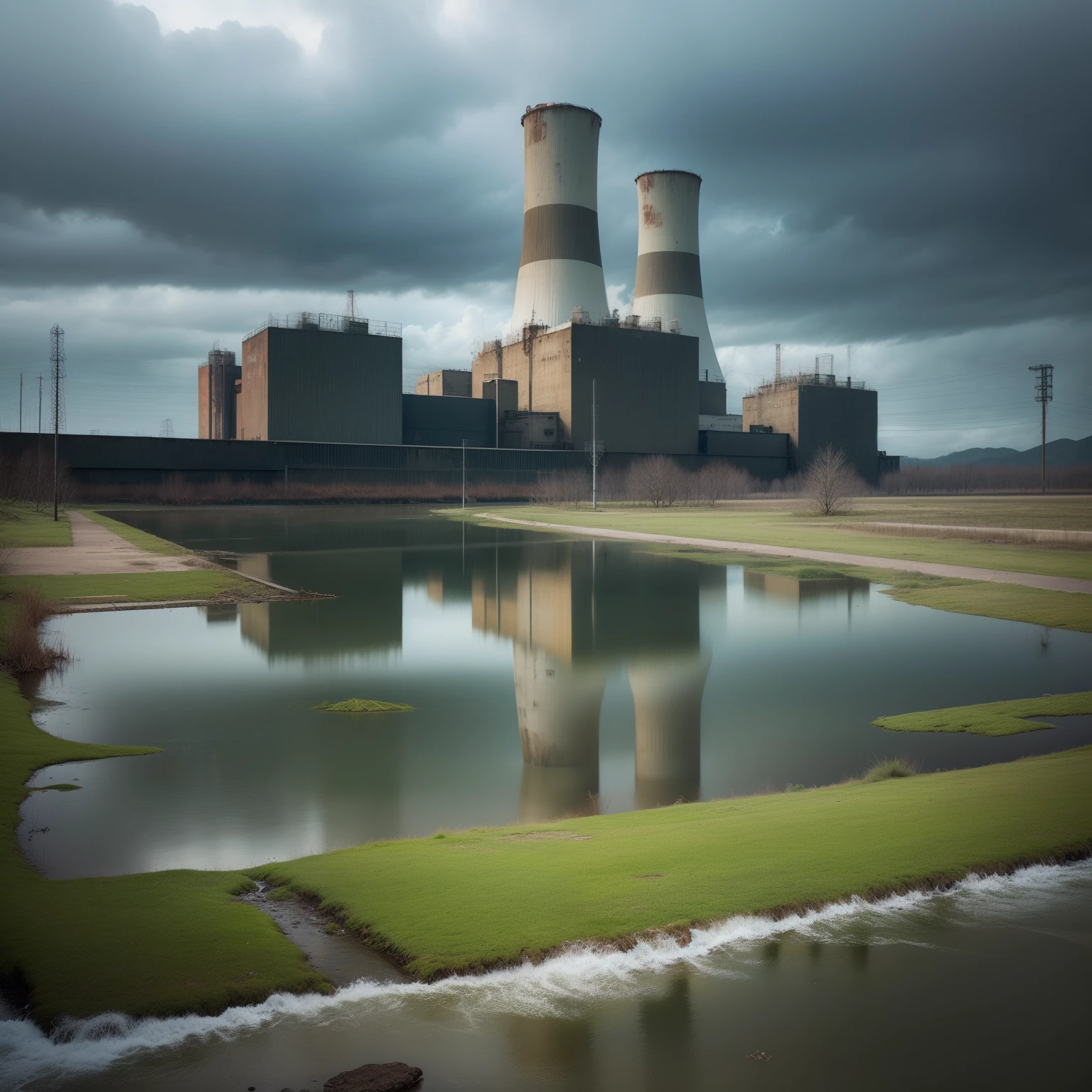 Abandoned nuclear power plant, contaminated green lake, ((high quality, gloomy climate))
