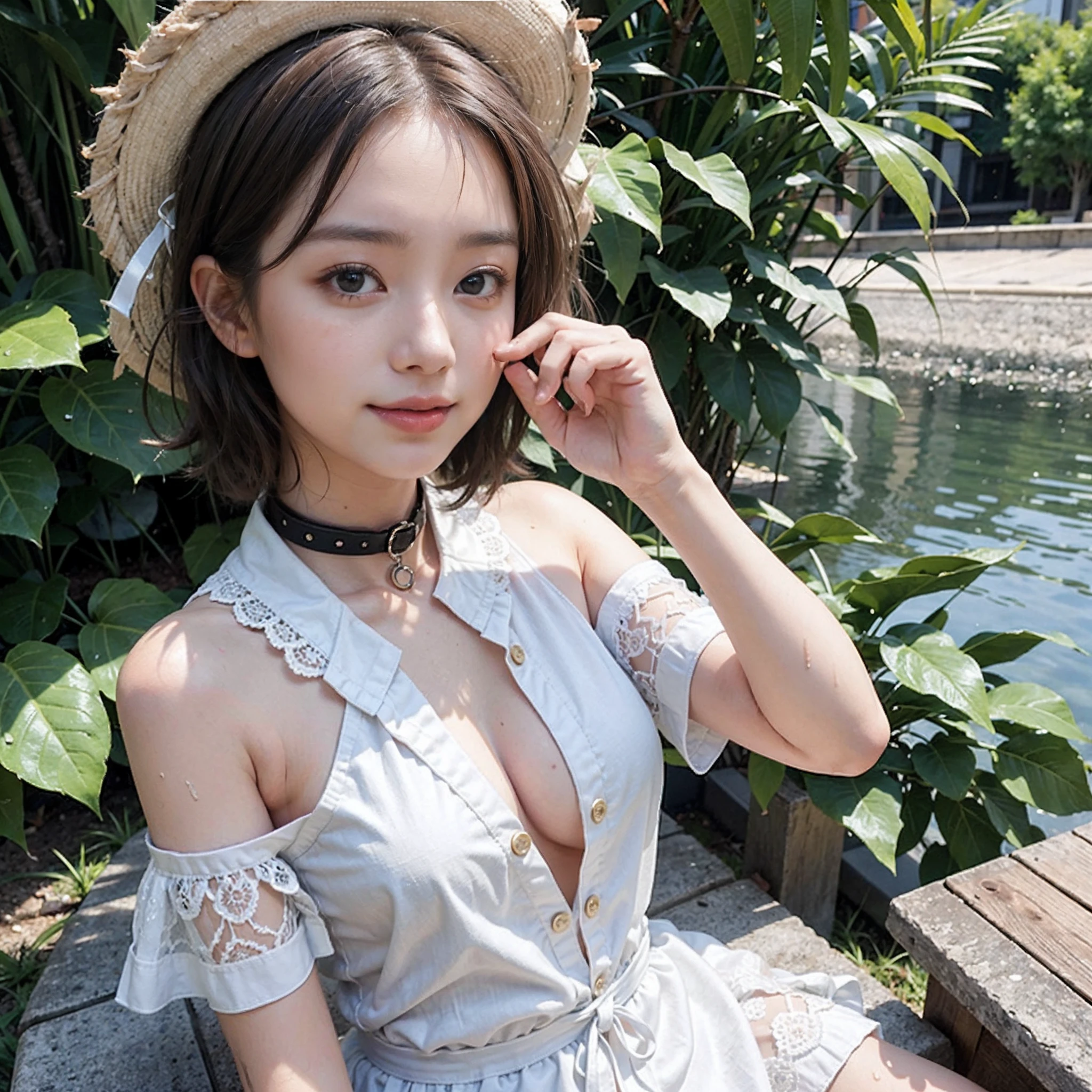 (8k、top-quality、​masterpiece:1.2)、(realisitic、Photorealsitic:1.37)、ultra-detailliert、nsfw:1.2, 女の子 1 人、cute little、独奏、Beautiful detailed sky、Detailed Cafe、natta、sitting on、date、(Nasal blush)、 (a smile:1.15)、(a closed mouth)small tits、Fine and beautiful eyes、(shirt with collar:1.1)、natta、Wet、Transaction service、Sateen、White lace、(short-hair:1.2)、Float NovaFrogStyle、toppless、