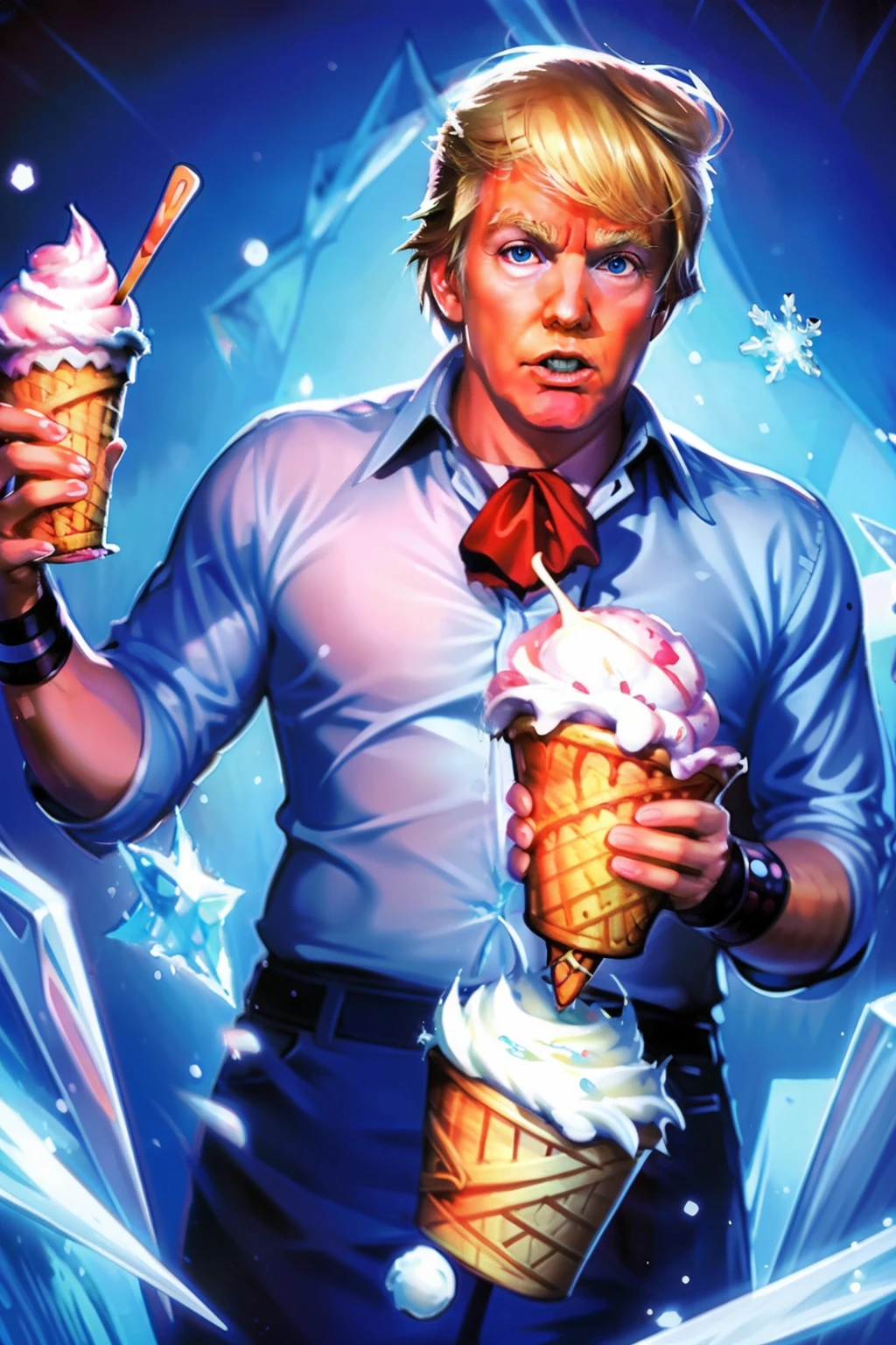 Donald Trump as a realistic image of the cartoon; Boss  style eating Blizzard ice cream in a Dairy Queen cup. Ultra-realistic quality.