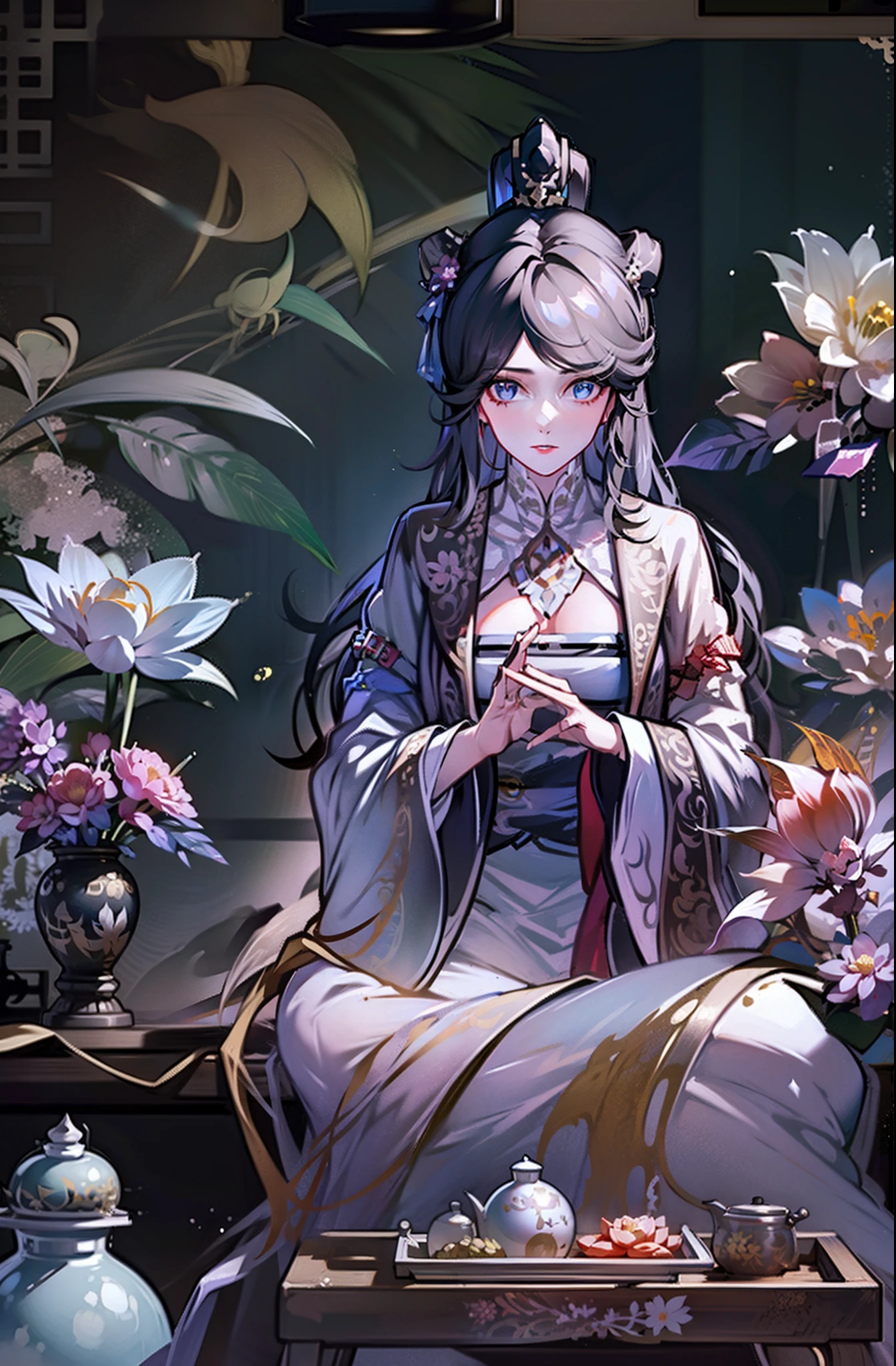 (Chinese immortals), (Buddhism), Multip_Hands,(mythological stories), (bodhisattva), She sits on a lotus, (Three hands on the left,Three hands on the right, Each hand holds a different Buddhist vessel, left right symmetry),(Delicate and beautiful face), (White silk robe)sitting on a lotus flower, Frontal photo,Light smile, neo-classical, OP Art, Chiaroscuro, Cinematic lighting, god light, Ray tracing, character sheets, projected inset, first person perspective, hyper HD, Masterpiece, ccurate, Textured skin, Super detail, High details, High quality, Award-Awarded, Best quality, A high resolution, Exquisite and perfect facial features,美丽细致的眼睛,long eyelasher,Delicate eyeliner,almond eyes,Blue eyes,Dark pupils,There are bright spots in the eyes,Beautiful lip details,8K high-definition,anatomy correct,Oil painting thick painting style