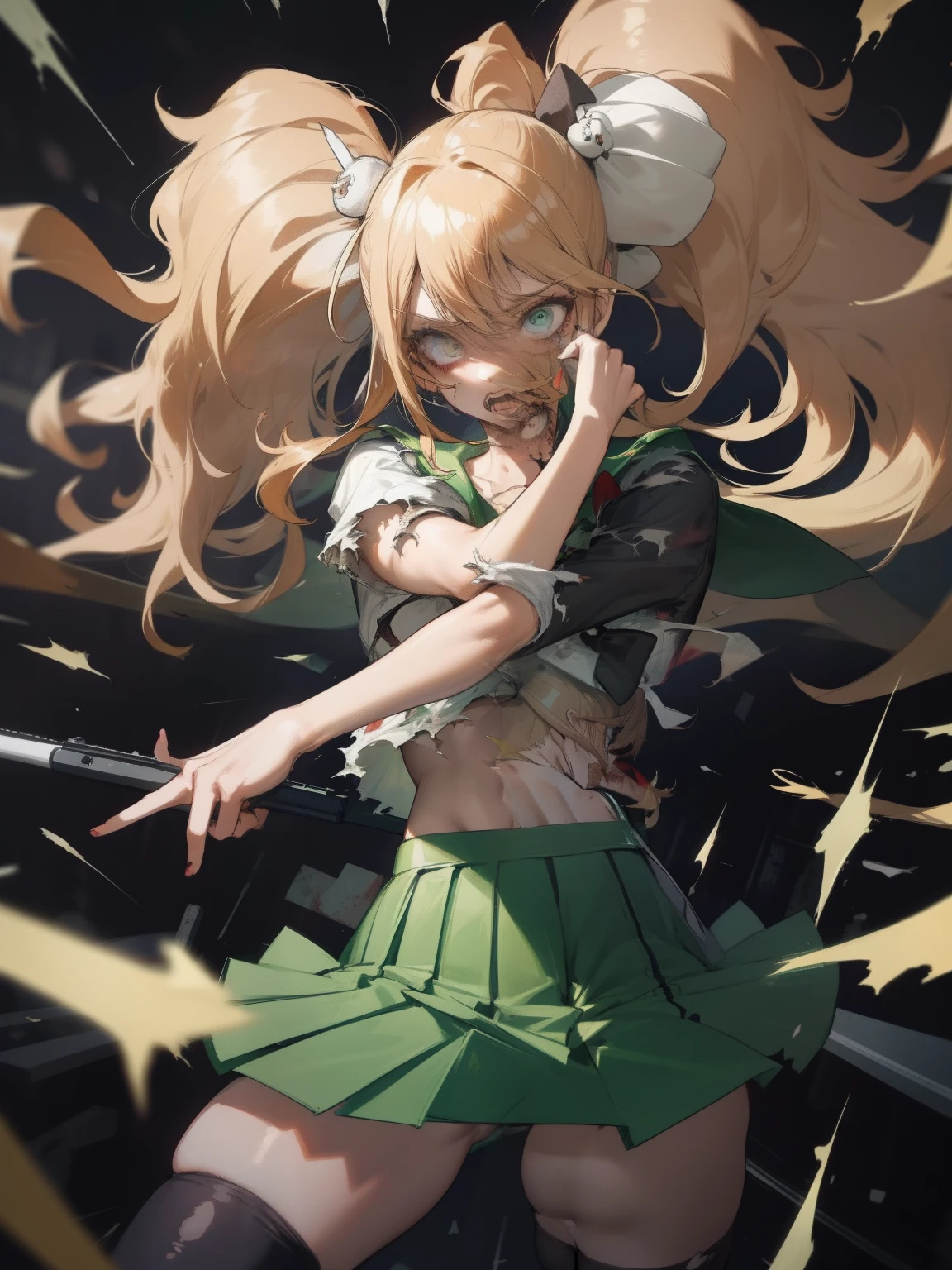1girl, serafuku, green sailor collar, white shirt, green skirt, thighhighs, ponytail,high-waist skirt, black bow, long blond hair, blood, scared, torn clothes, torn legwear, torn shirt, torn skirt, surrounded, zombie, pov hands, fleeing, city, street, rifle, destruction,, masterpiece, best quality, highly detailed