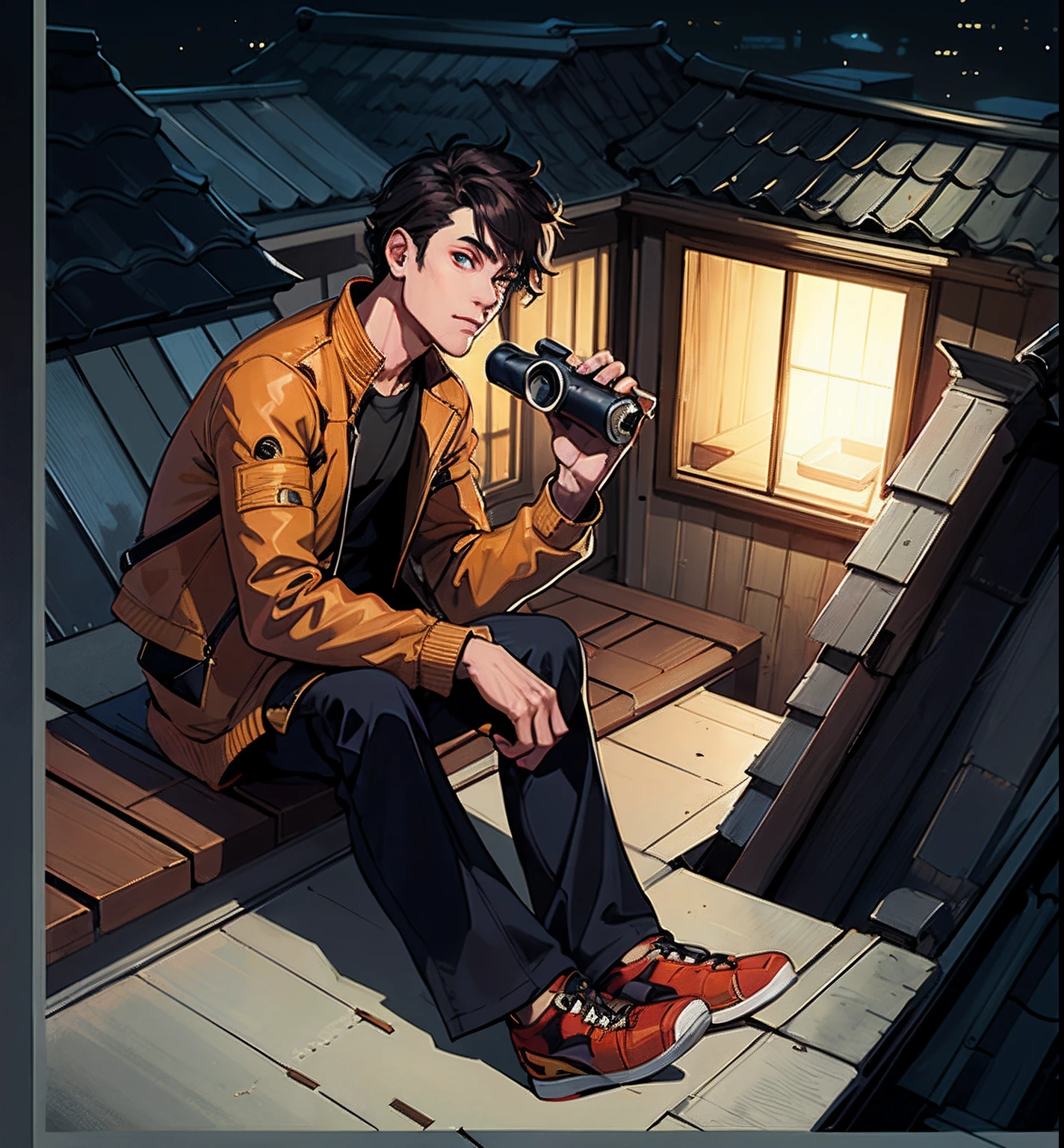 guy, sitting on the roof with binoculars in his hand, Guy in a jacket, in night, Angular style, guy, sitting on the roof of a house at night, hiding on rooftops, Sitting on the roof, on roof, Artistic decoration, unrealistic character concept