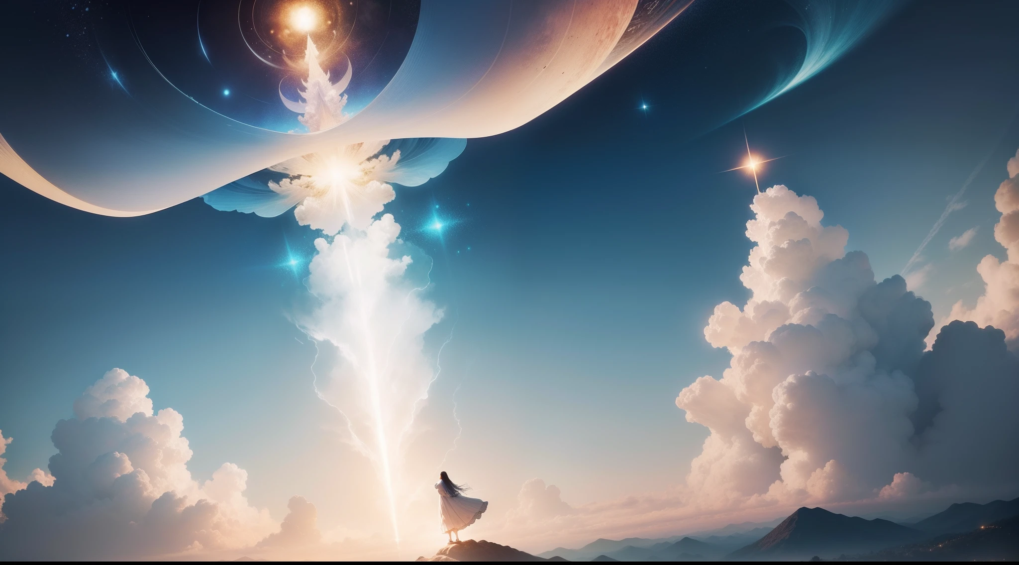 "Produce an image that represents a serene scene of cards ascending to the heavens, simbolizando preces e desejos sendo elevados a Deus. no centro da imagem, Put a clear blue sky, com algumas nuvens suaves. A partir do canto inferior esquerdo da imagem, Draw multiple cards of different sizes, cores e formas, all rising towards the sky. As cartas podem ser representadas como se estivessem flutuando, acompanhadas por raios de luz divina. Add a touch of brilliance to the cards to highlight their importance. The cards should create a sense of upward movement, como se estivessem sendo levadas pelo vento celestial. Make sure the image conveys a sense of hope, Spiritual connection and elevation."