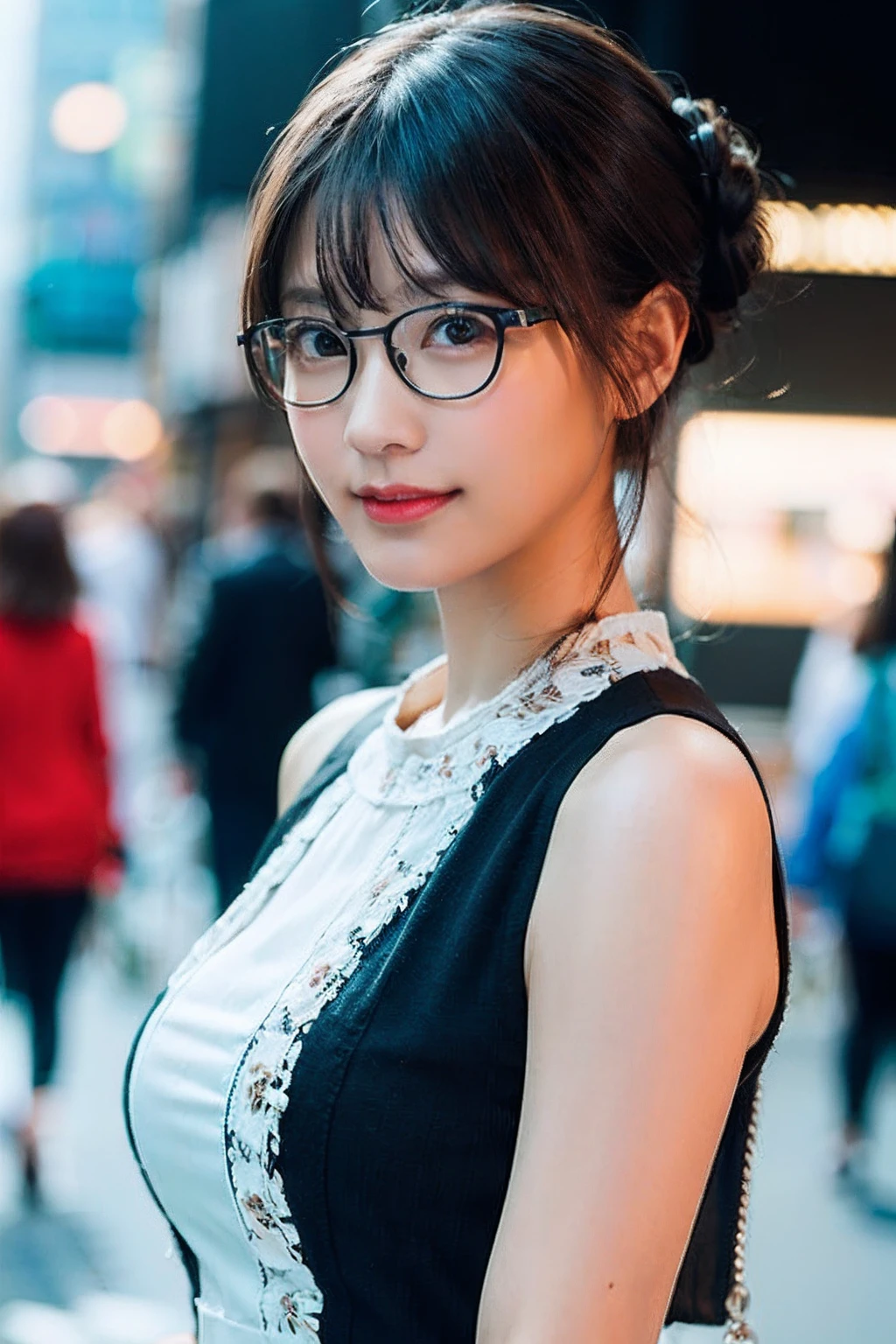 (8K、Raw photography、top-quality、​masterpiece:1.2)、(realisitic、Photorealsitic:1.37)、ultra-detailliert、超A high resolution、女の子1人、see the beholder、beautifull detailed face、A smile、Constriction、(Slim waist) :1.3)、((White blouse clothes))、Beautiful detailed skin、Skin Texture、Floating hair、((Hair bunched into one))、large full breasts、Professional Lighting、In front of the station at noon、((Black square glasses))、Whole human body、Brown hair、((Telephone calls))、