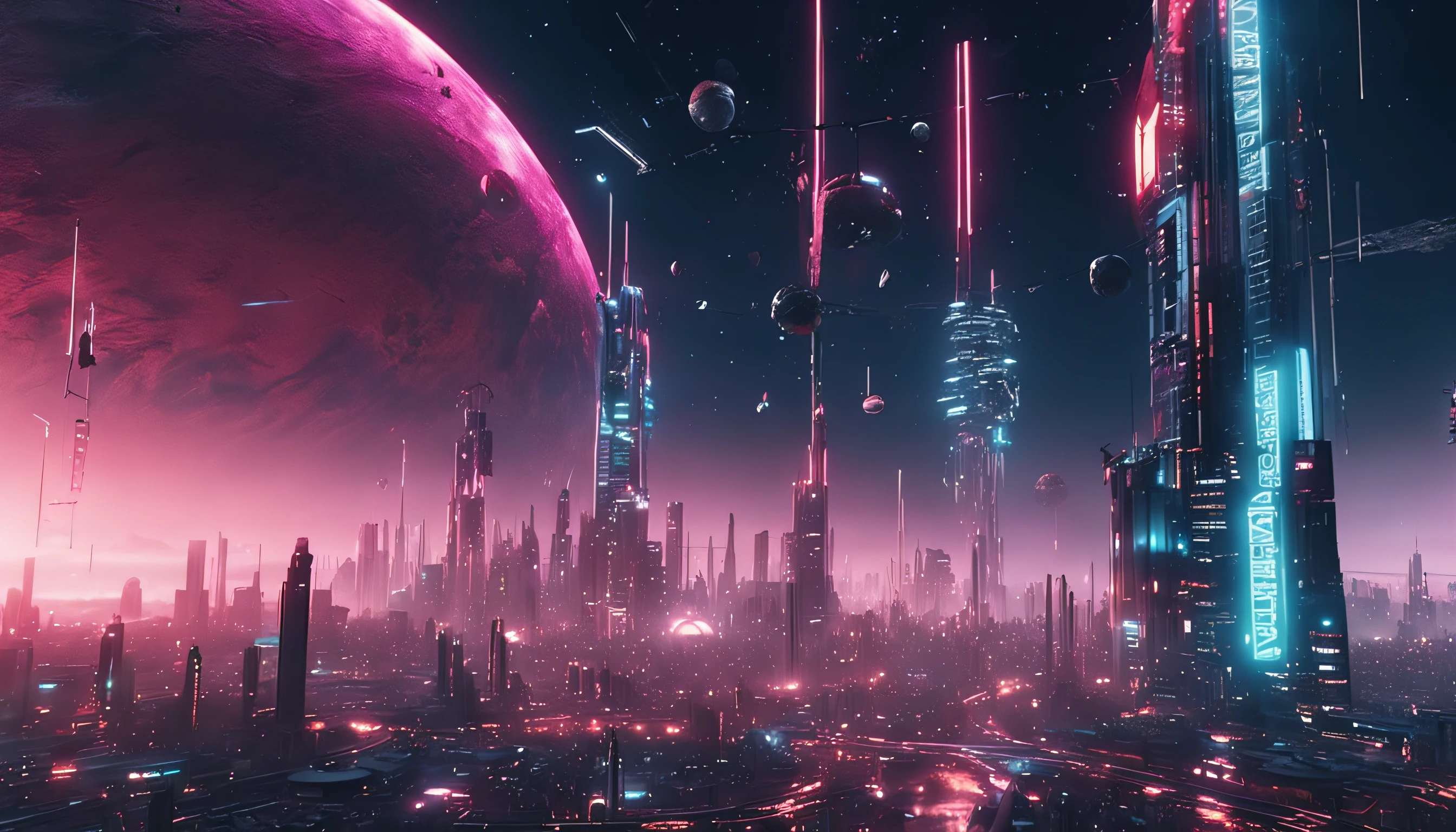 3D-rendering, fundo da cidade cyberpunk, Panorama macro, ((wide panoramic wallpaper, 4k high definition, Realistic))sky with planets and stars.