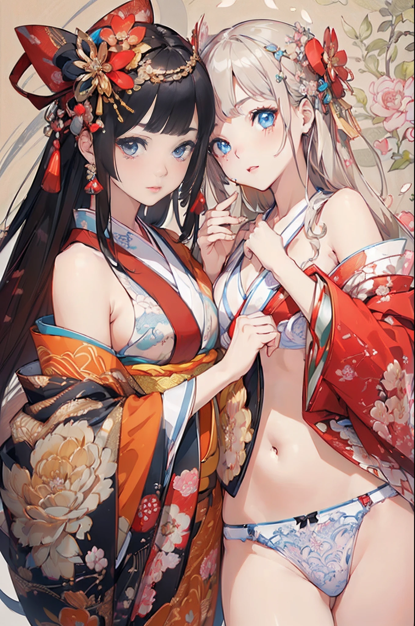 (((master piece))),(hyper quality::1.5), Hyper Detailed,Perfect Drawing 3D,8K Illustration、(((clearface)))、Hi-Res、Beautiful skins、Lustrous hair、(((beautiful kimonos)))、Luxury underwear、Beautiful underwear、(((Detailed drawing)))、Perfect Beautiful Girl、((Perfect Photo))、((emotional))、((Luxury))、spot light