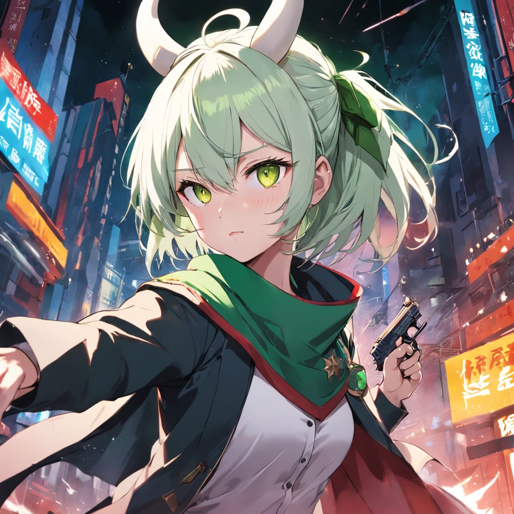 Assassination missions,Generate anime posters of killers performing missions,A girl with a green scarf with horns on her head,with short white hair,Yellow eyes,Aiming shot of the muzzle,Imposing background,cropped shoulders,Open white jacket,full bodyesbian