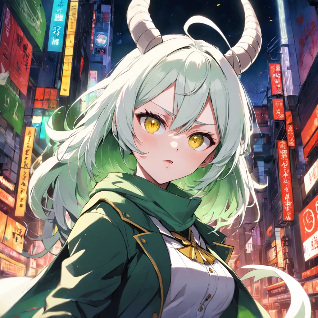 Assassination missions,Generate anime posters of killers performing missions,A girl with a green scarf with horns on her head,with short white hair,Yellow eyes,Aiming shot of the muzzle,Imposing background,cropped shoulders,Open white jacket,full bodyesbian