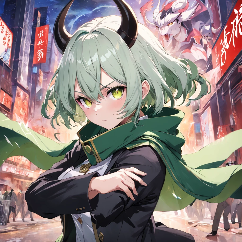 Assassination missions，Generate anime posters of killers performing missions，A girl with a green scarf with horns on her head，with short white hair，Yellow eyes，Aiming shot of the muzzle，Imposing background，cropped shoulders，Open white jacket，full bodyesbian