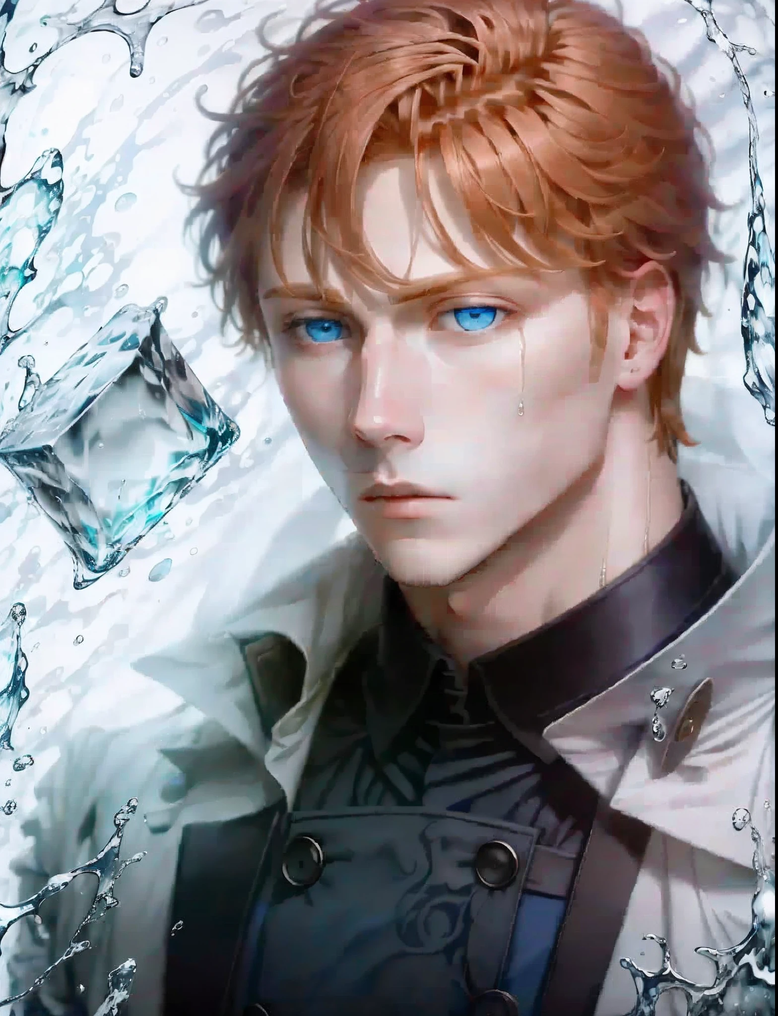 mtu,Handsome,whaite hair,water ink,Manteau blanc,Blue eyes,High cold face