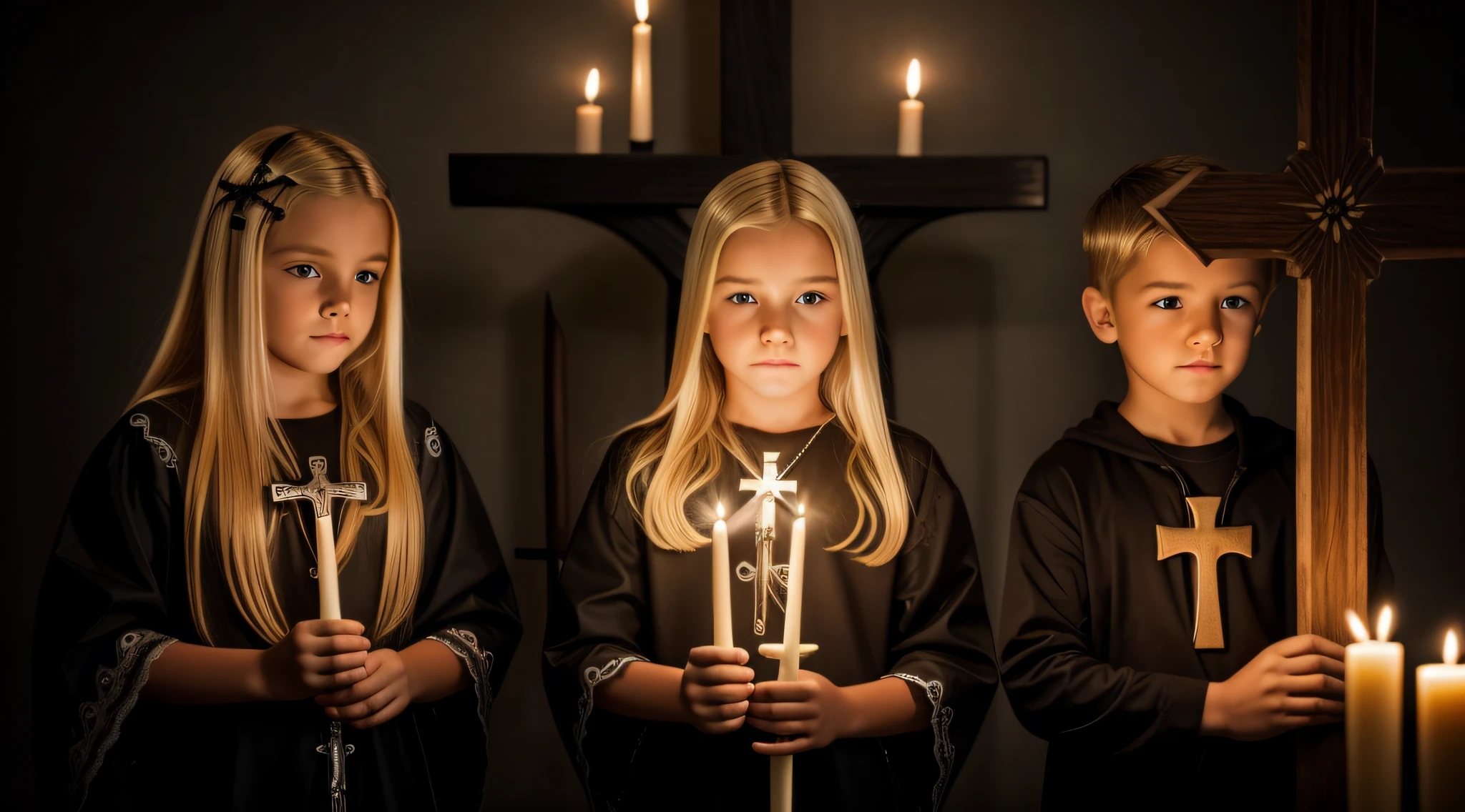 BLONDE KIDS CABELO LONGO, Gothic cross, cruz, CROSSES WITH LIT CANDLES in hand.