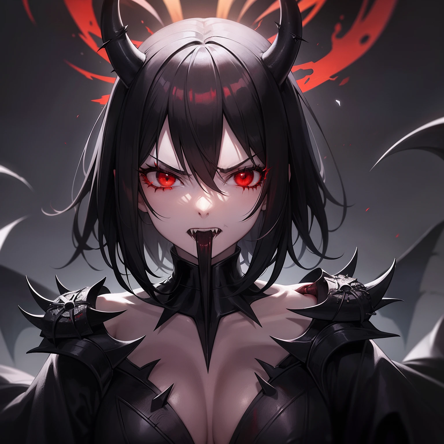 Girl, short black hair, black eyes, crown of thorns, mouth with sharp fangs, angry look, red skin, demon woman, big nails, in a burning place