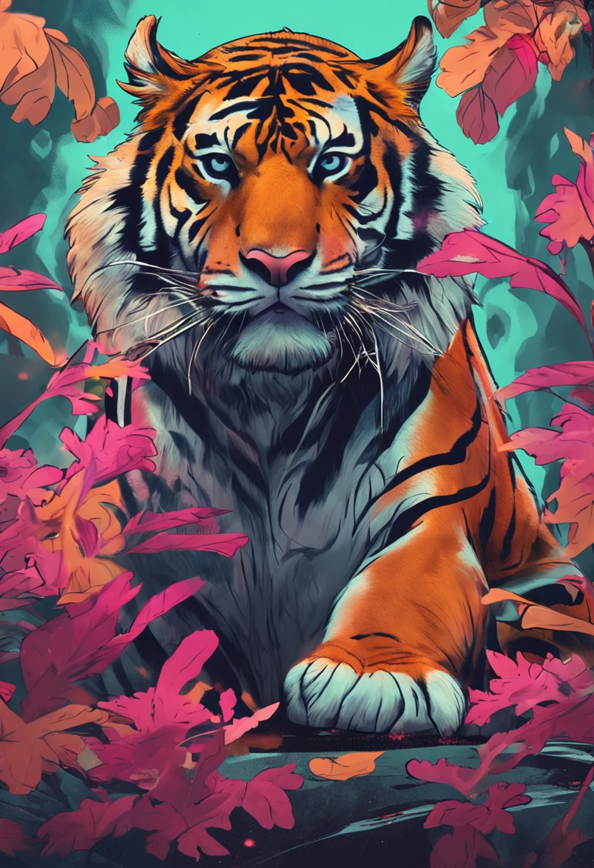tigre,Smoke,hand painted style,Fluorescence effect,Random typesetting,