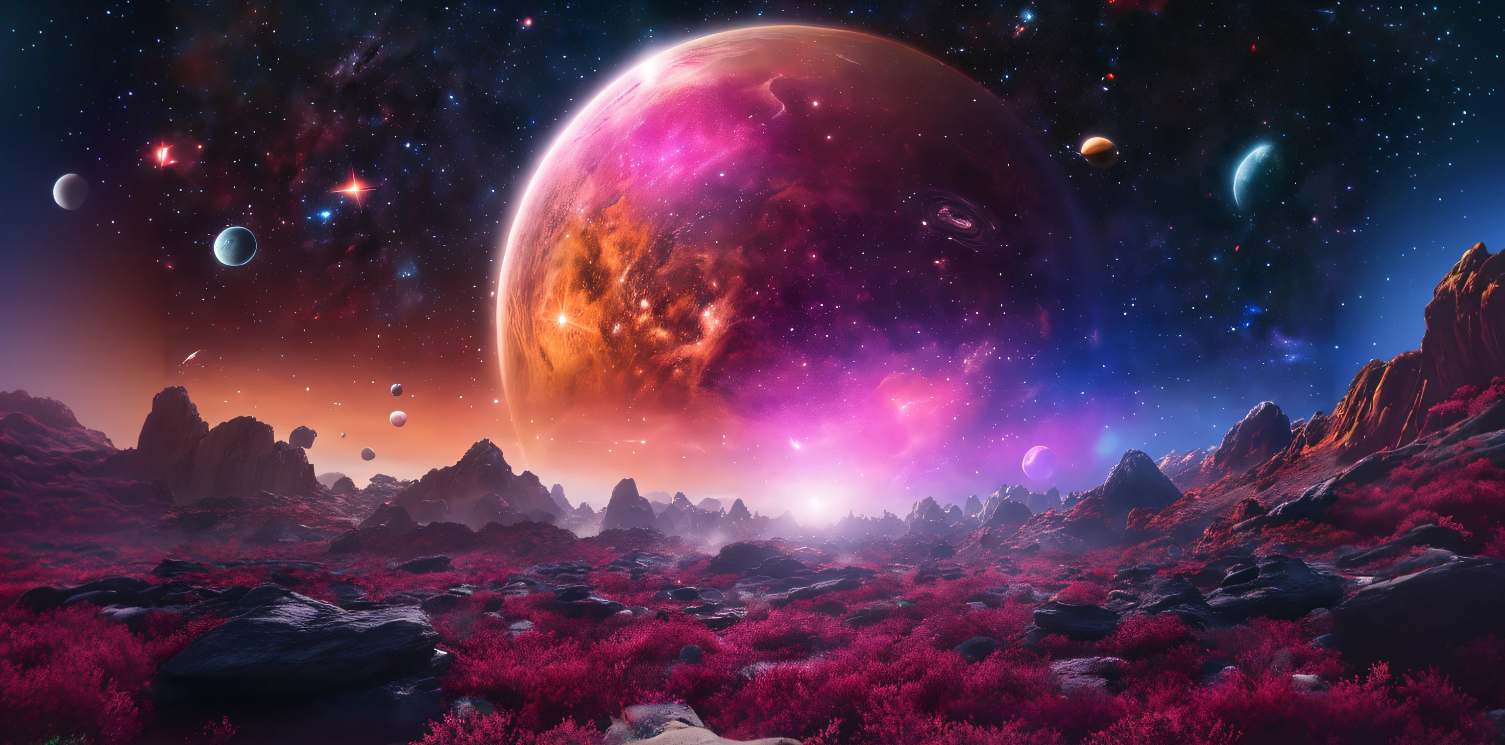 um planeta de cores vivas com um campo de grama vermelho e roxo, rich diverse lush alien world, planeta fantasia, lush alien landscape, beautiful alien landscape, in an colorful alien planet, 3 d render bipe, arstation e bipe altamente, epic beautiful space scifi, colorful redshift render, alien planet landscape, Arte digital altamente detalhada em 4k