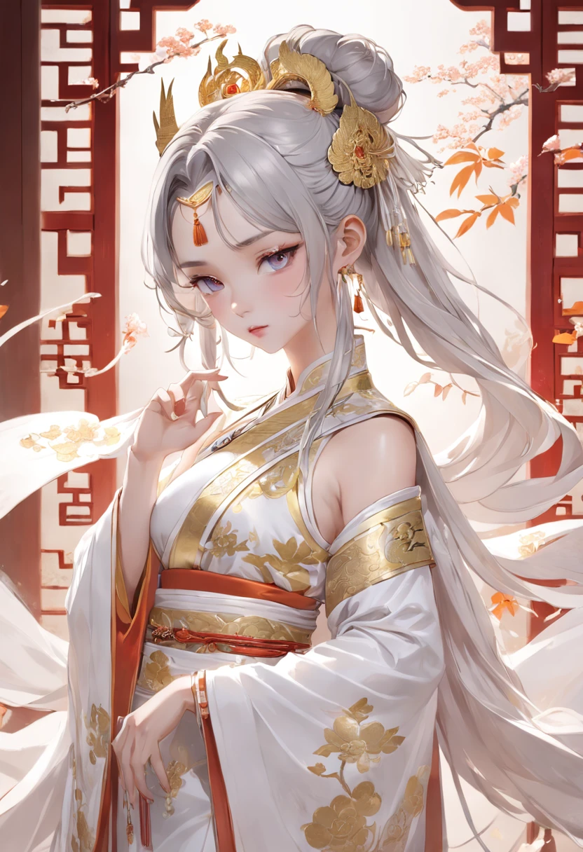 Arad asian woman poses  in white dress and gold accessories, a beautiful fantasy empress, Japanese goddess, Anime goddess, Palace ， A girl in Hanfu, Beautiful goddess, ((a beautiful fantasy empress)), full-body xianxia, gorgeous chinese models, Smooth translucent white skin, inspired by Wu Bin, seductive anime girls, Guviz, White Hanfu，There were three men around，Fiercely facing the woman，Men wear，Ancient Hanfu，