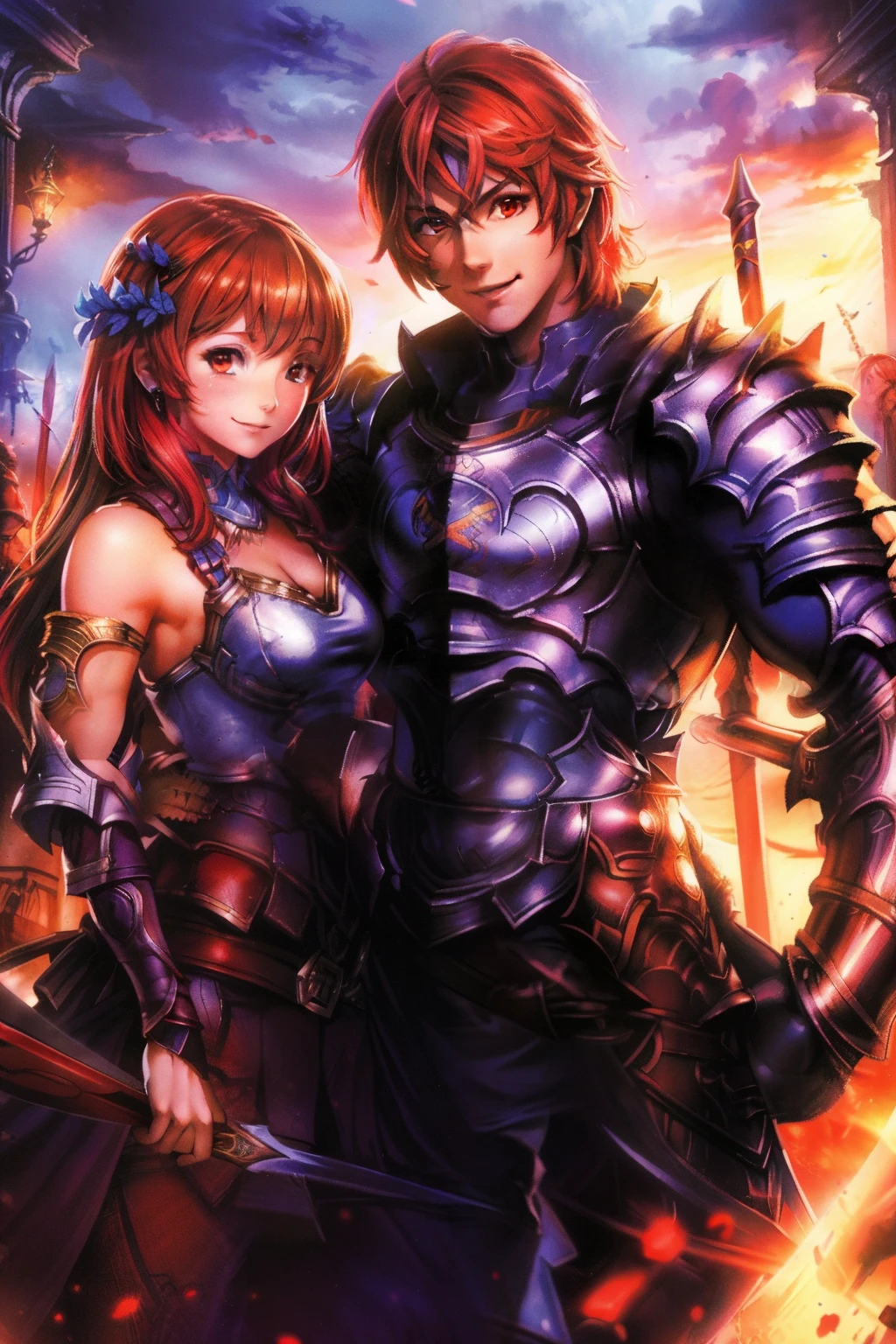 Centurion warrior, Red and gray, Men and women work together, Men and women side by side, cheerfulness, celebrating, Beautiful anime style girl all over, clean detailed faces, underdressing, analogous colors, Glowing shadow, beautiful gradation, Depth of field, Clean image, High quality, High detail, High definition,