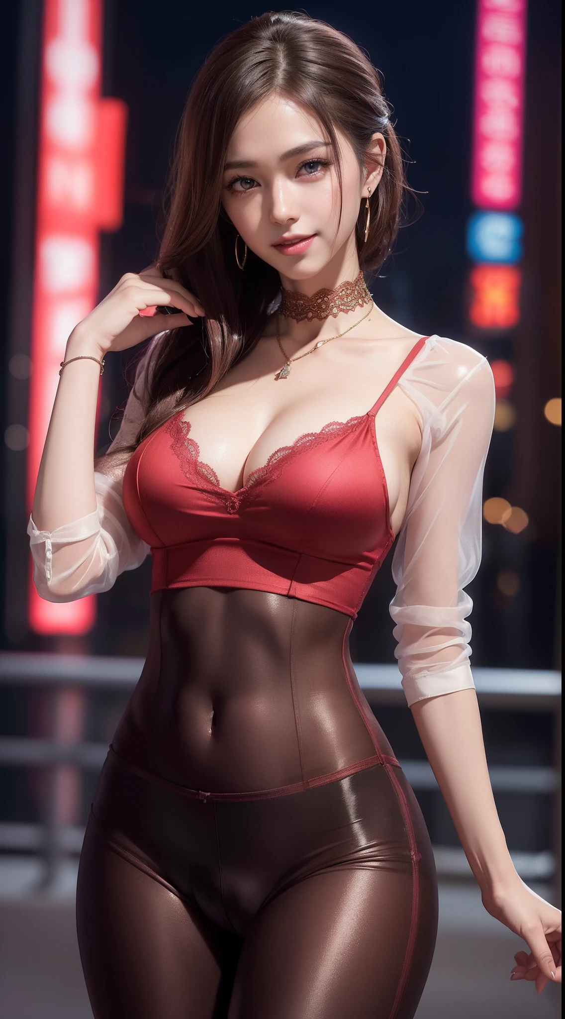8k, masterpiece, RAW photo, best quality, photorealistic, extremely detailed CG unity 8k wallpaper, Depth of field, Cinematic Light, Lens Flare, Ray tracing, (extremely beautiful face, beautiful lips, beautiful eyes), intricate detail face, ((ultra detailed skin)) 1girl, in the dark, deep shadow, pretty Asian girl, idol, 1 girl, (very slim slender fit-muscled body:1.3), ((looking at viewer)),(big smile:1.3), (tight laced blouse), ((hot pink color blouse)), (short sleeve) , (city night, dark night, (neon sign), (blurred background), dim lights, cityscape, rooftops, beautiful earrings, bracelets, necklace, pantyhose, clear eyes, (pale skin), (big eyes), face forward, ((upper body shot)), (silk red color pants),(brown hairs),((tight fitting laced pants)), (see through), (looking at viewer:1.3), open breast, (very slim), medium breasts, (see through),((flooming laced)), ((camel toe)), (see through jacket), updo hair