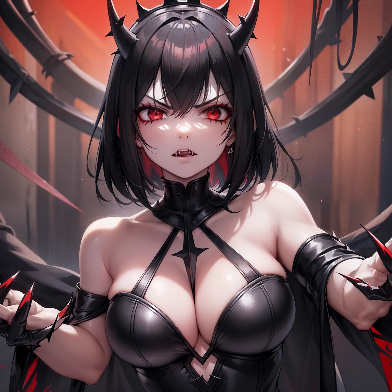 Girl, short black hair, black eyes, crown of thorns, mouth with sharp fangs, angry look, red skin, demon woman, big nails, in a burning place