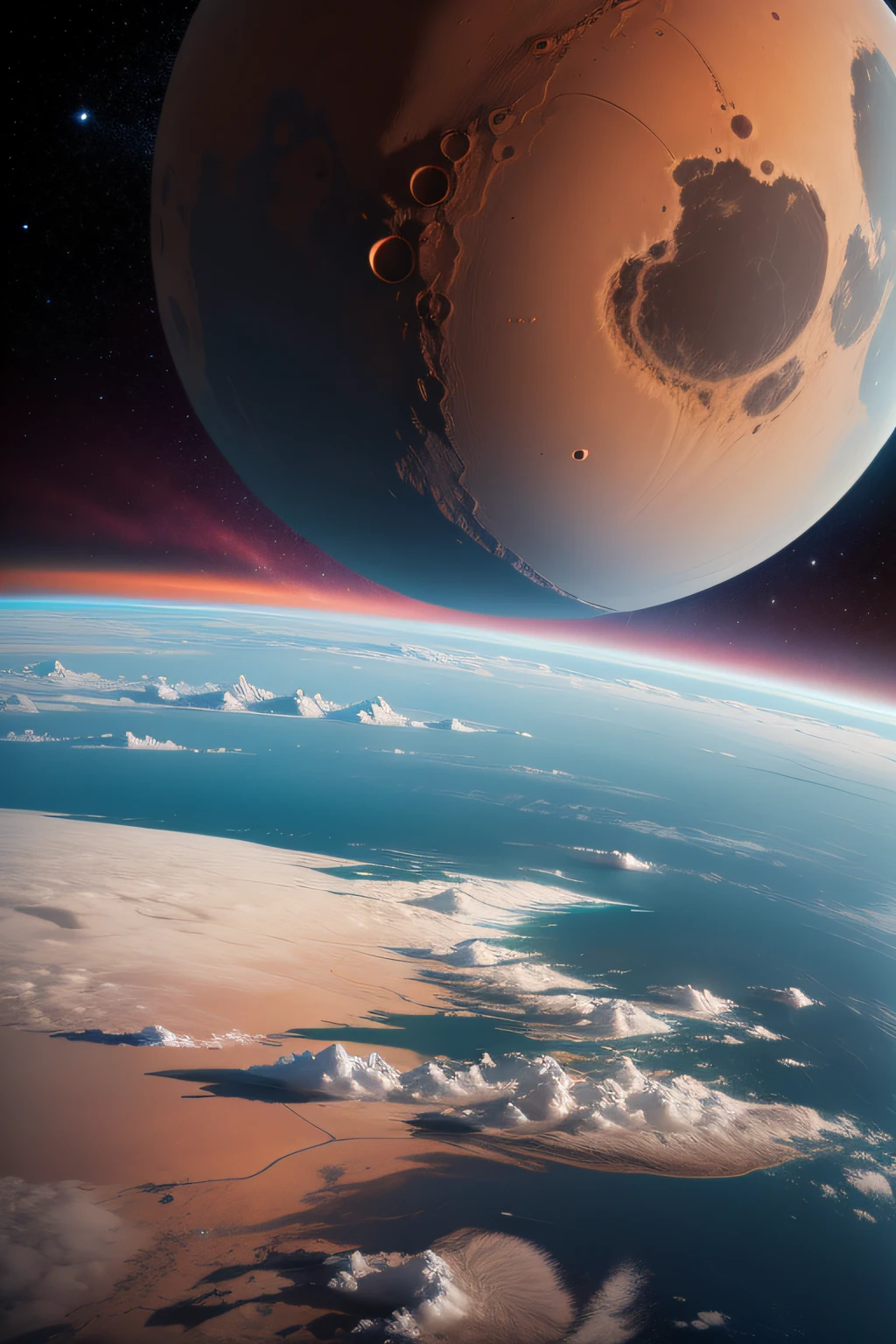 planet mars seen from space from orbit by astronauts from inside the spacecraft, realistic scene, movie scene, science fiction, do not add any more planets, a realistic view as astronauts have of the earth when they are in space. um planeta vermelho alaranjado, uma imagem relista e ultra hd