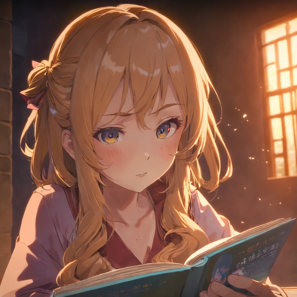 linda cabelos ruivos lendo um livro, comendo um biscoito e no fundo uma linda lareira, realista