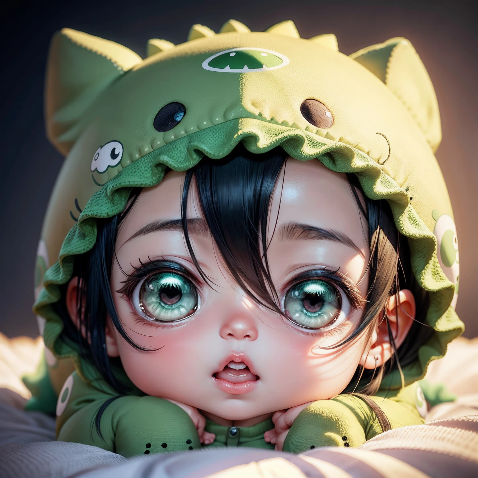 Cute chibi anime,Venus,Baby in green dinosaur suit sleeping,black color hair,Cold white skin,Stylized 3D rendering,adorable digital art,Cute rendered 3d anime girl,(Exquisite facial features)(Sophisticated look)(Dita)