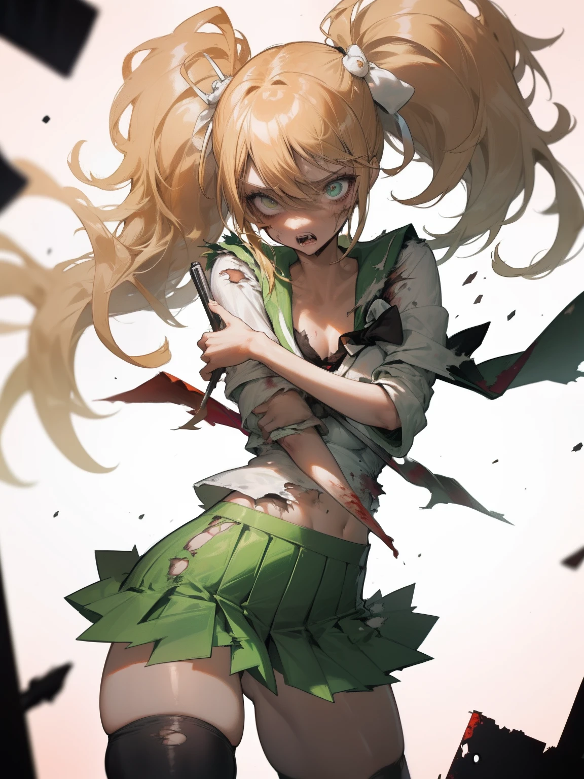 1girl, serafuku, green sailor collar, white shirt, green skirt, thighhighs, ponytail,high-waist skirt, black bow, long blond hair, blood, scared, torn clothes, torn legwear, torn shirt, torn skirt, surrounded, zombie, pov hands, fleeing, city, street, rifle, destruction,, masterpiece, best quality, highly detailed