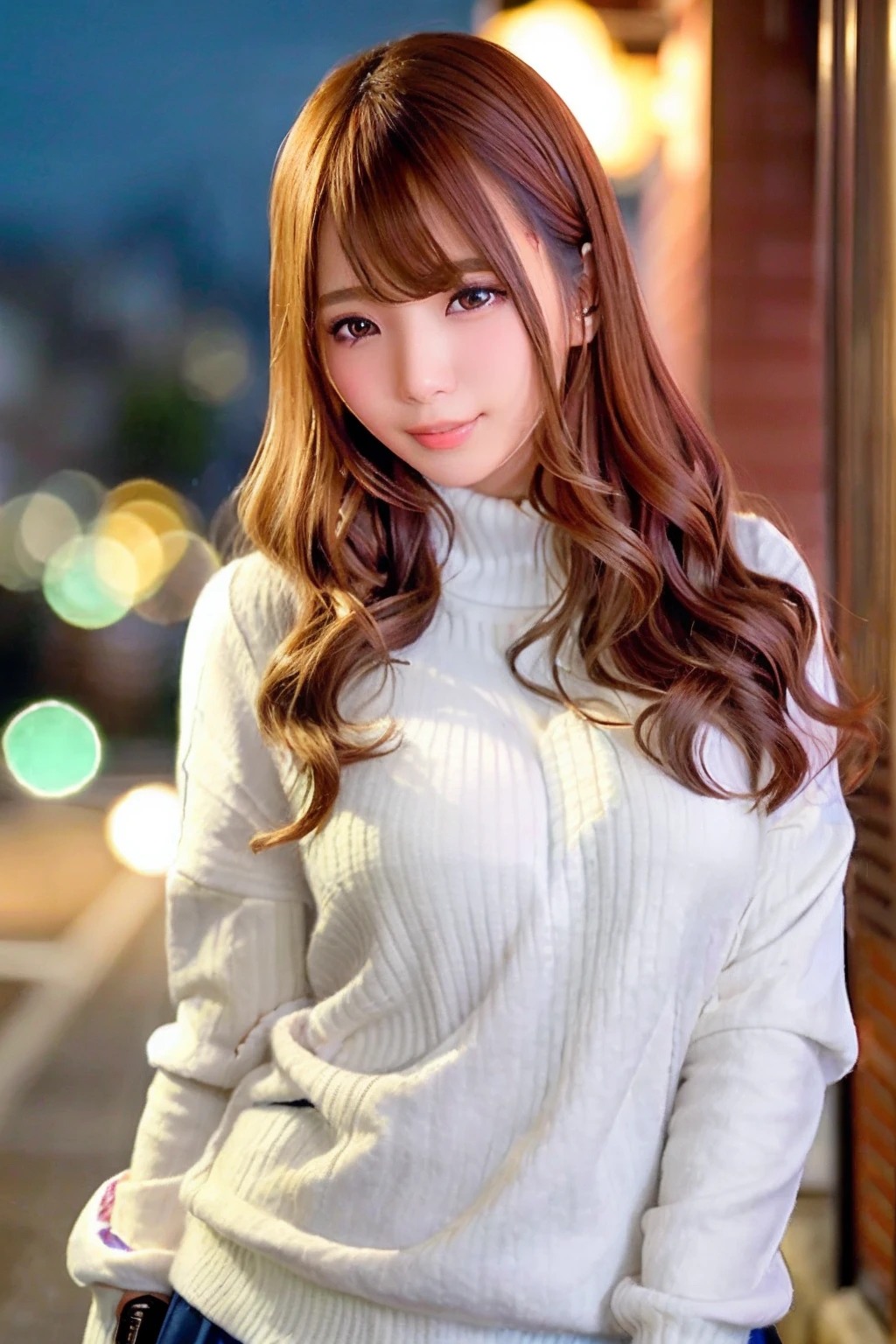 (Skin blemishes:1.2),1womanl, 28 year old, (((femele))), (Skindentation), a gorgeous, 独奏, realisitic, top-quality, Photorealsitic, masterpiece, 8K, hight resolution, 独奏, extra detailed face, cowboy shot, bustshot, passport photo, fullface, (profetional lighting、bokeh dof), (light particules、lensflare、Luminous particles:0.6)、(dynamicposes:1.2)、Soft lighting、Top Angle View、Fashionable and trendy atmosphere、jpn、TOKYOcty、((during night))、((Look at viewers))、 (looking in camera)、(portlate:0.6)、is standing、plus size model、close up of face、(middlebreast:1)、(The long-haired)、brown haired、Floating hair、nase、s lips、lipsticks、seducting smile、Floating hair、mole、(cheekbone:1)、(Mole under the eyes:1.2)、Sweaters、jaket、skirt by the、