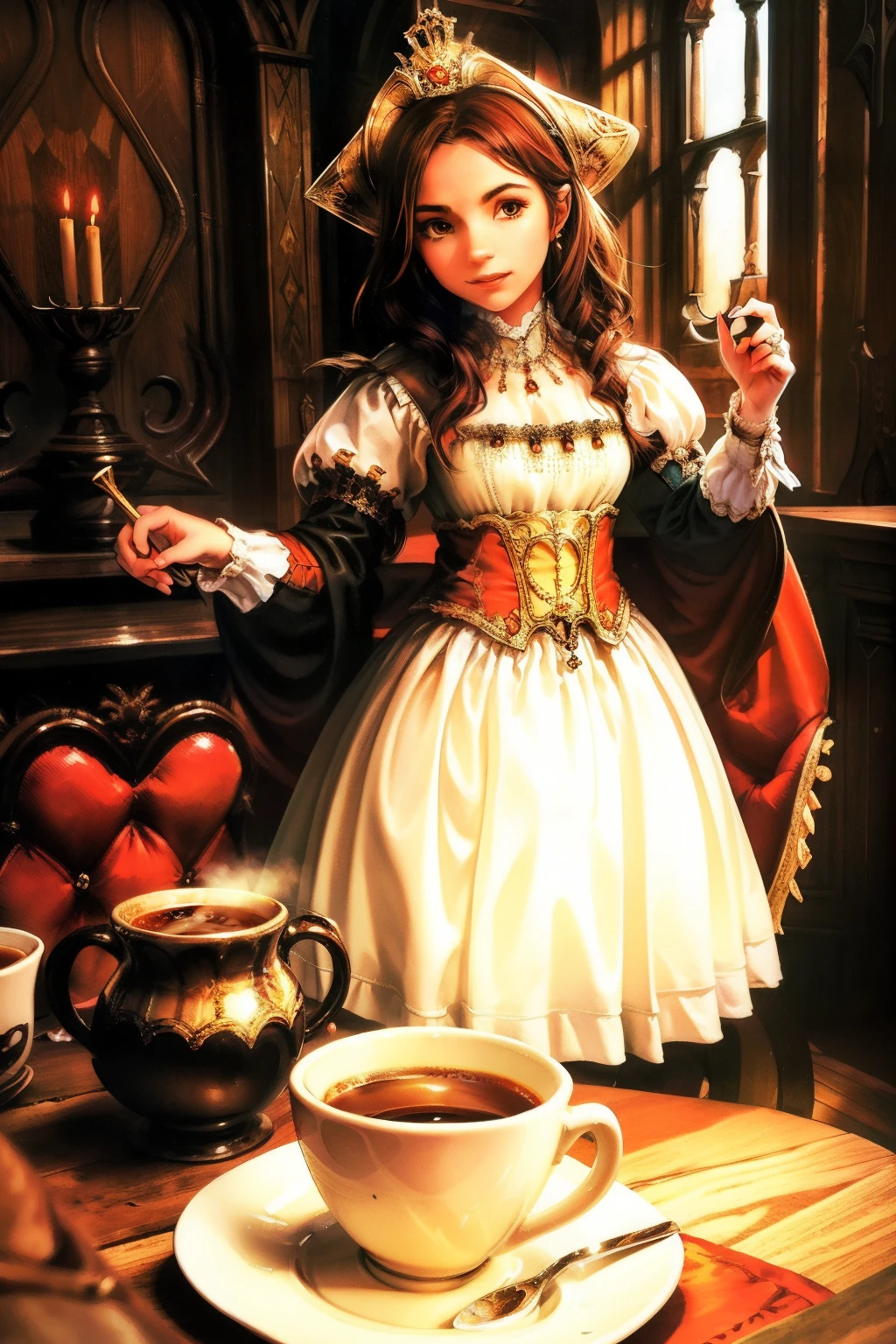 A photo of an inspiring female boss，A young woman sipping medieval-style coffee，Great view，Portrays self-confidence.