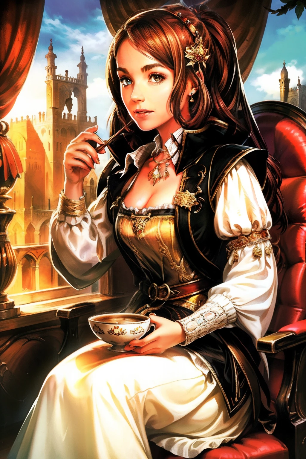 A photo of an inspiring female boss，A young woman sipping medieval-style coffee，Great view，Portrays self-confidence.