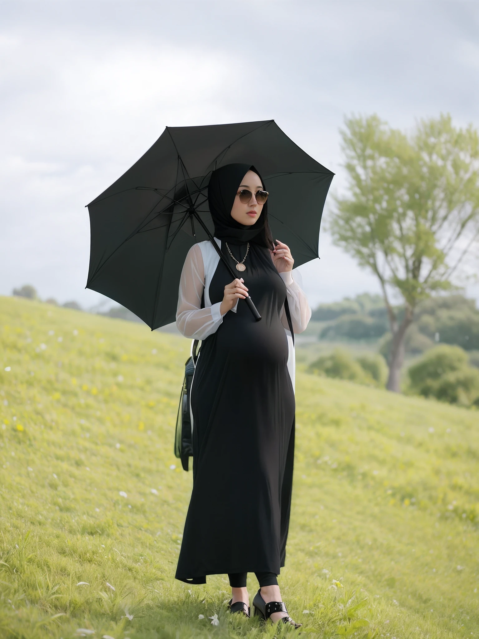 pregnant woman in black dress holding an umbrella in a field, black umbrella, taken with canon 8 0 d, with a long black cape, taken with canon eos 5 d, shot on sony a 7, taken with canon eos 5 d mark iv, she is wearing a black dress, inspired by Bernardino Mei, taken with canon 5d mk4, hijab, with big boobs,