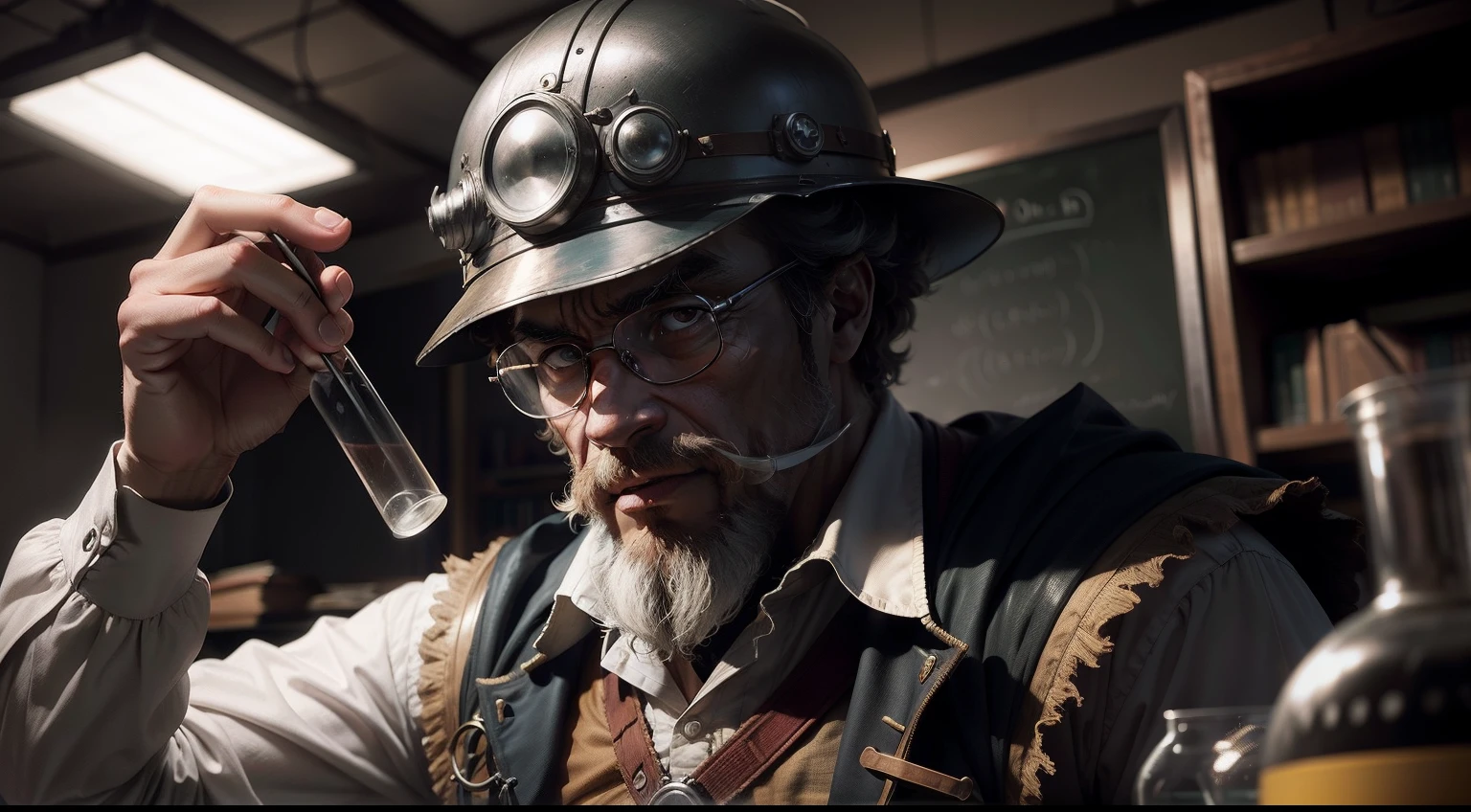 Mad professor, wearing a helmet , in the classroom, preparing an chemistry experiment, dark portrait in the style of Anthony van Dyck