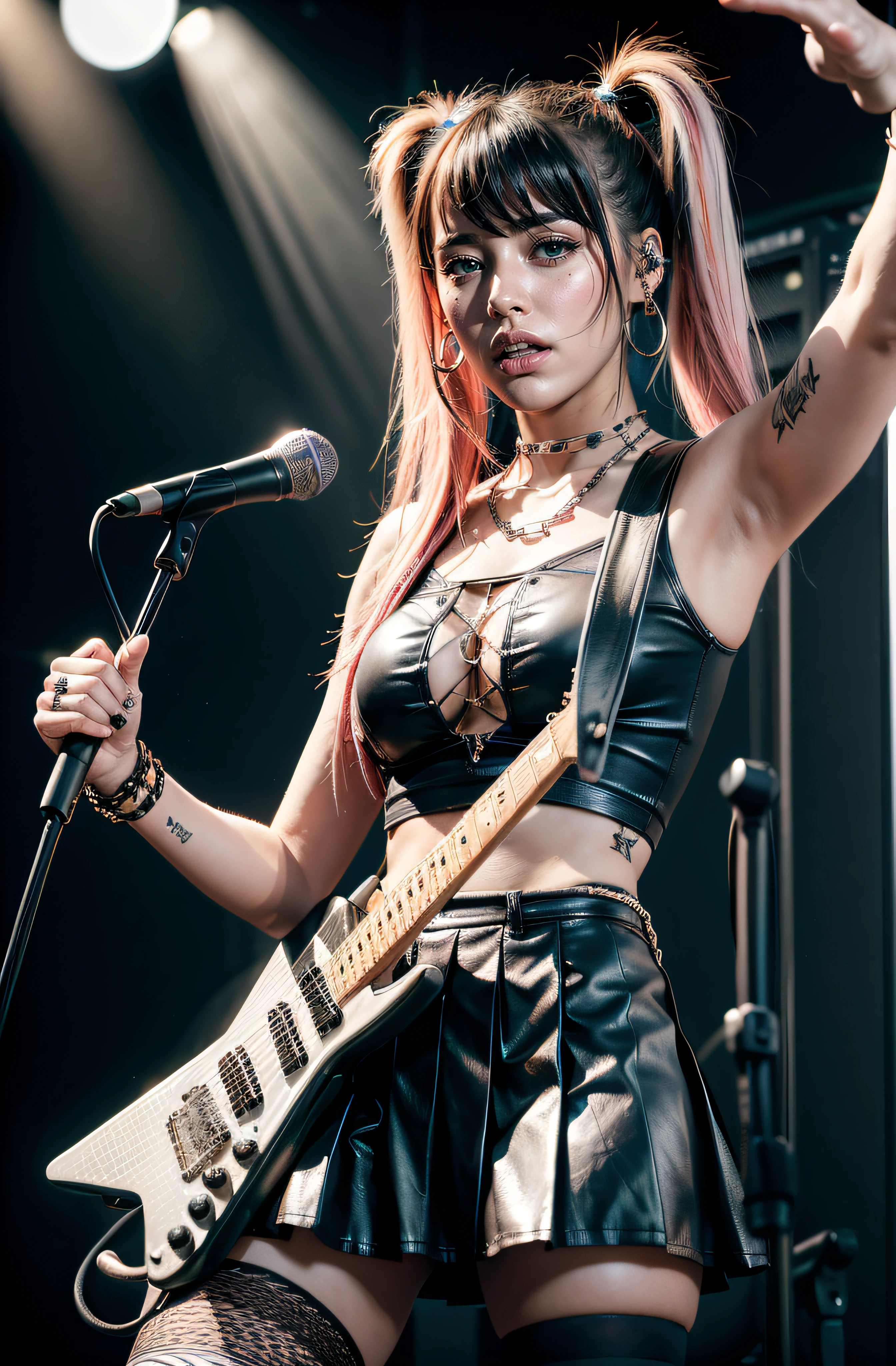 { 1girl, young funk rock star, singing on concert stage, ((((playing electric guitar)))), ((cowboy shot)) }, { }, { (neon glowing skin), (masterpiece), (absurd resolution), (best quality:1.2), (photo realistic:1.6), (Luminous lighting:1.4), (Chiaroscuro:1.3), (Immersive atmosphere:0), (brightened light:0) }, { (open mouth:1.1),eyes rolled up,(weeping),(angry),    (shiny skin),(slender body),(big breasts:0),    (neon color hair, funky long hair), ((bold funky makeup)) }, { ((translucent)) one-piece full body tights with ((very deep cleavage)), (camel toe) }