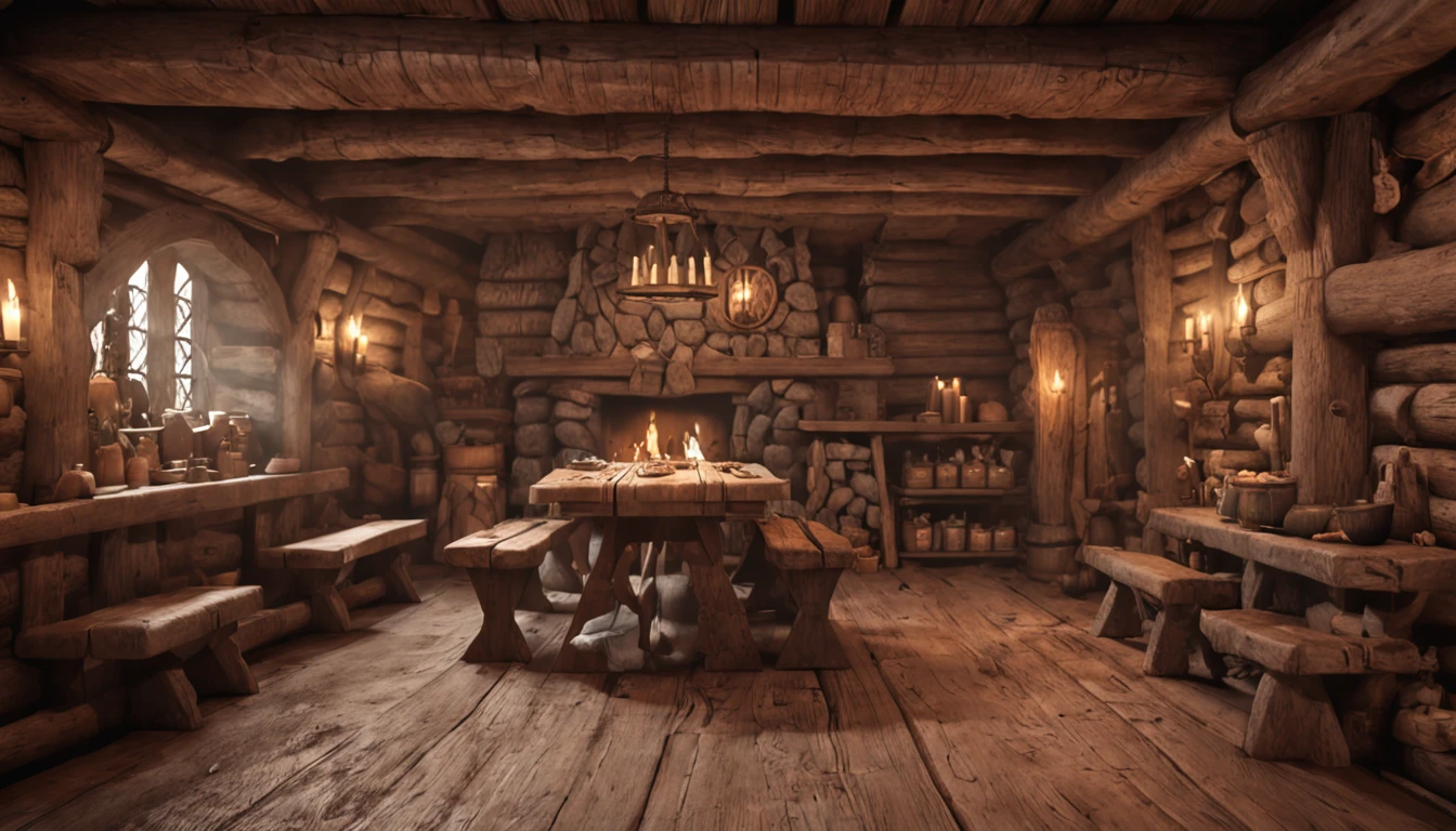 Rustic interior of a viking medieval tavern, 1990s videogame, pre-rendered background