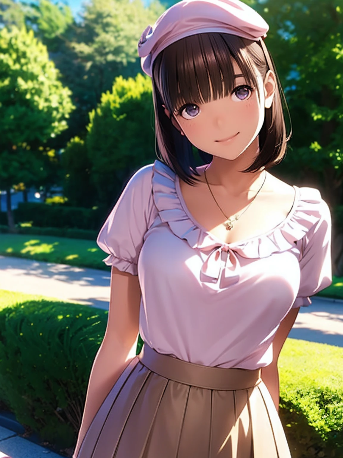 hight resolution,in 8K,Best Quality,detaileds,semi - realistic anime,Anime 3D Style,Smooth Anime CG,1 girl in,20 year old woman in Japan,slim,modeled,shiny chestnut hair,Medium Hair,Detailed face,Beautiful and detailed eyes,Glowing skin,randome pose,((Light pink ruffled blouse)),((brown long skirt)),beret,a necklace,A smile,a park,Sunnyday