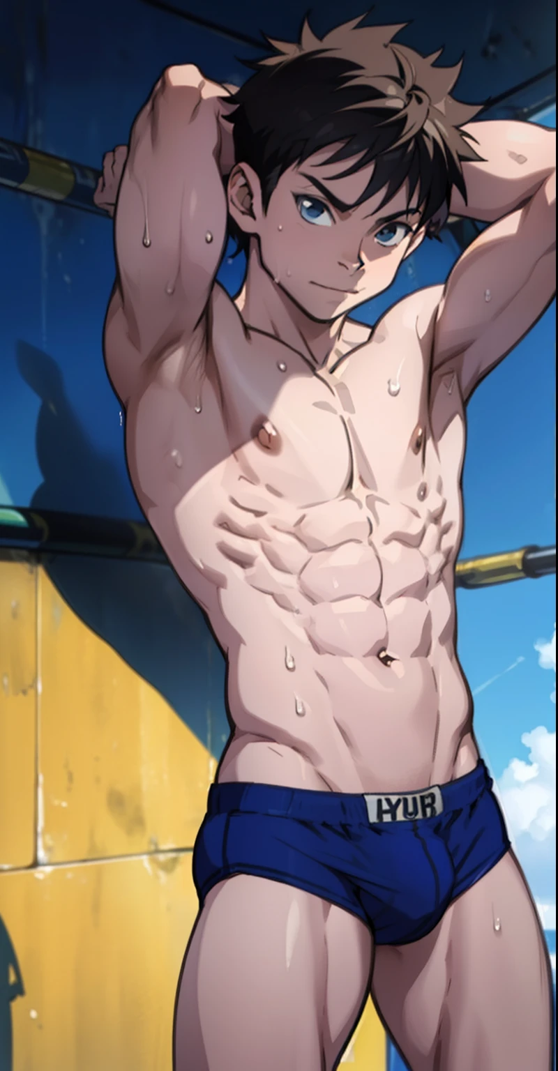 full body, , cute baby face,eat dripping, shiny skin, wearing triangle underwear, underwear bulging due to genitals  , topless, shirtless, hands behind head (photo angle from bottom up)