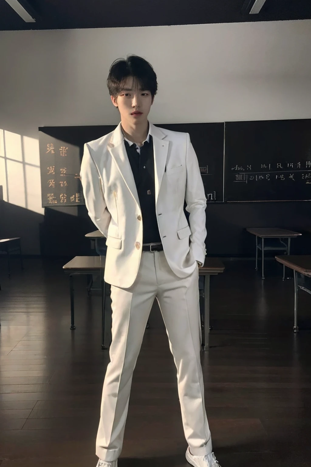 (masterpiece:1.2),(best_quality:1.4),(highres:1.1),(ultra-detailed:1.2),1 man, korean, good_shoulder,fashion_model, model_pose, (korean actor's hair style),model,(handsome) Clear eyes, Korean Model Hairstyle, black eyes, full body, school boy, white school uniform, blue school blazer, standing, in dark school, chaos class room