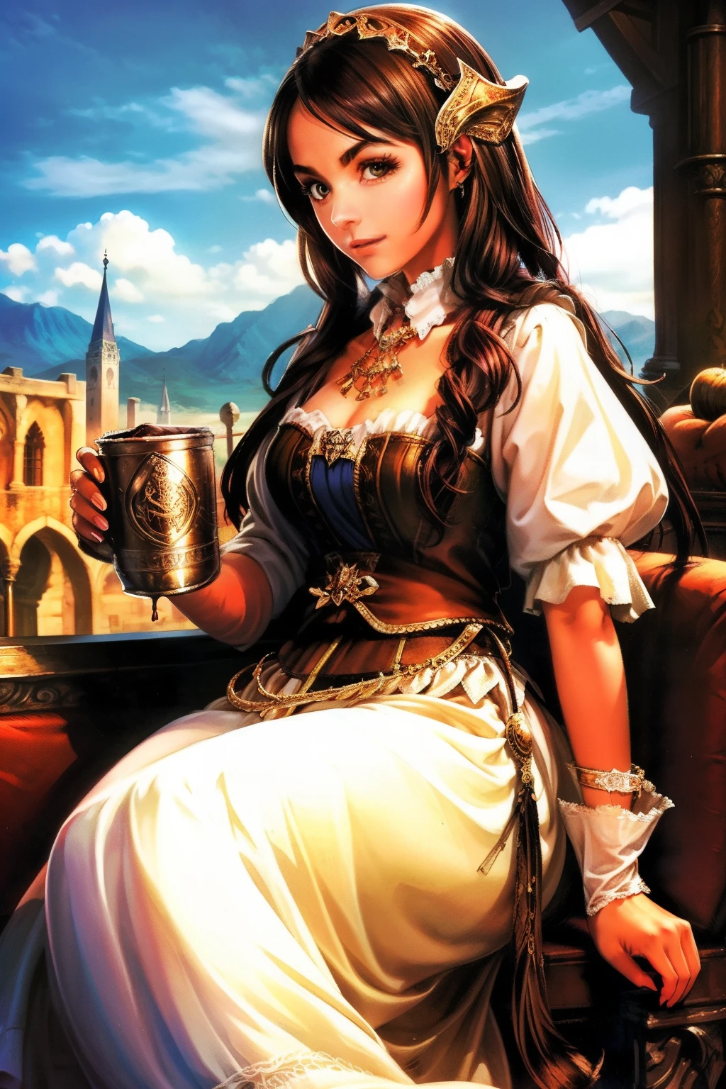 A photo of an inspiring female boss，A young woman sipping medieval-style coffee，Great view，Portrays self-confidence.