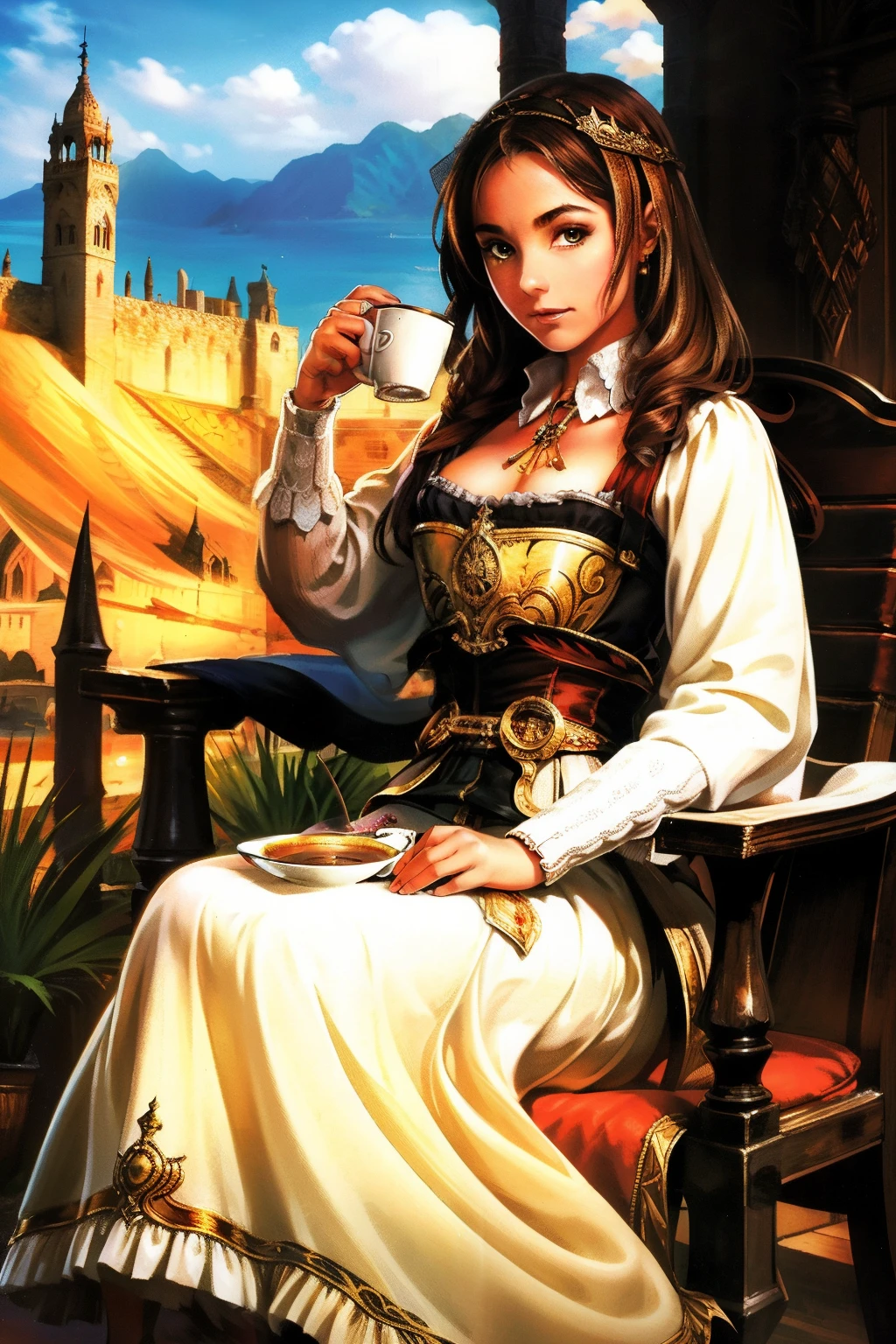 A photo of an inspiring female boss，A young woman sipping medieval-style coffee，Great view，Portrays self-confidence.