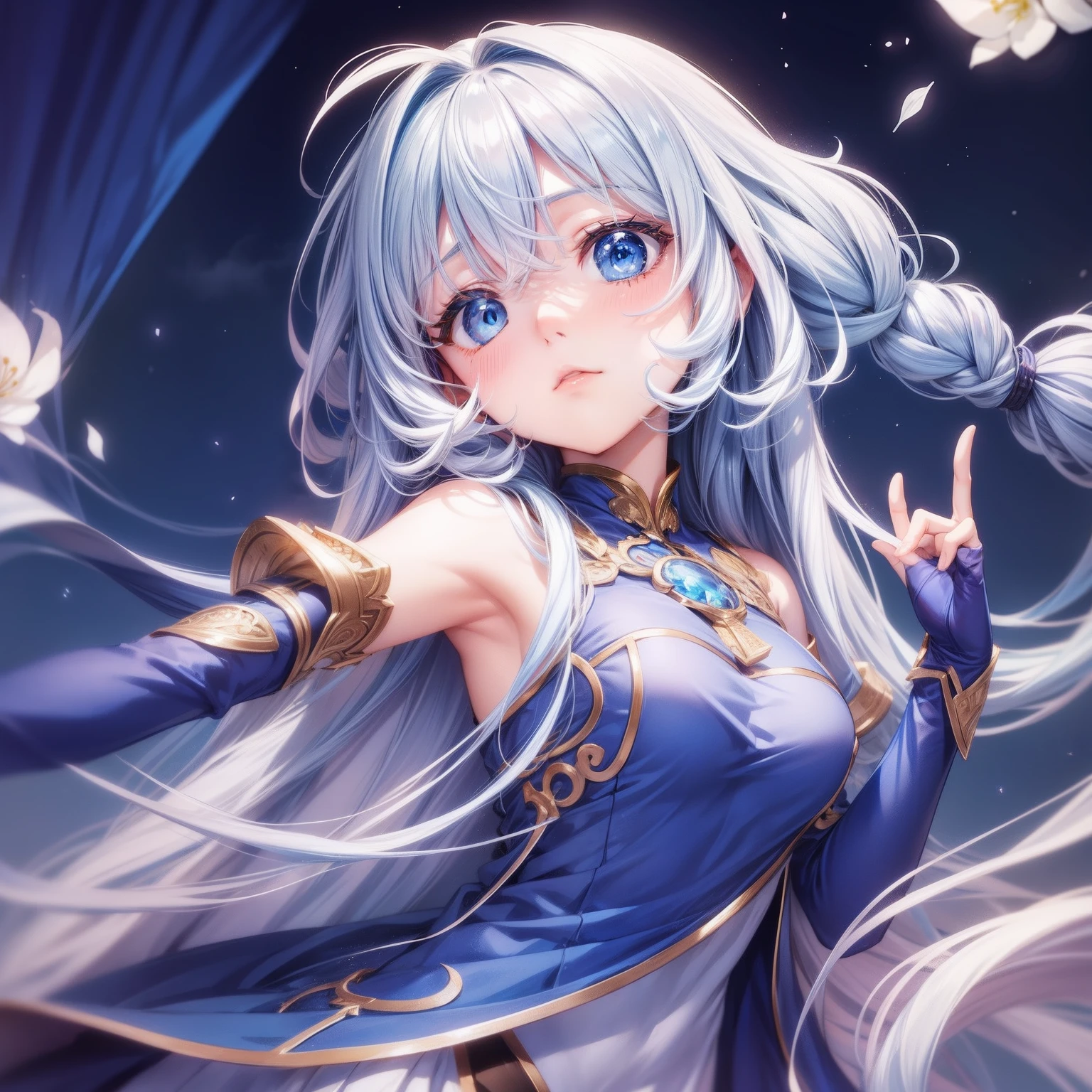 Detailed、Soft skin、Anime style、Blue eyes、Women in Their 20s、Background cloud、The long-haired、lightblue hair、sleeping face、1人