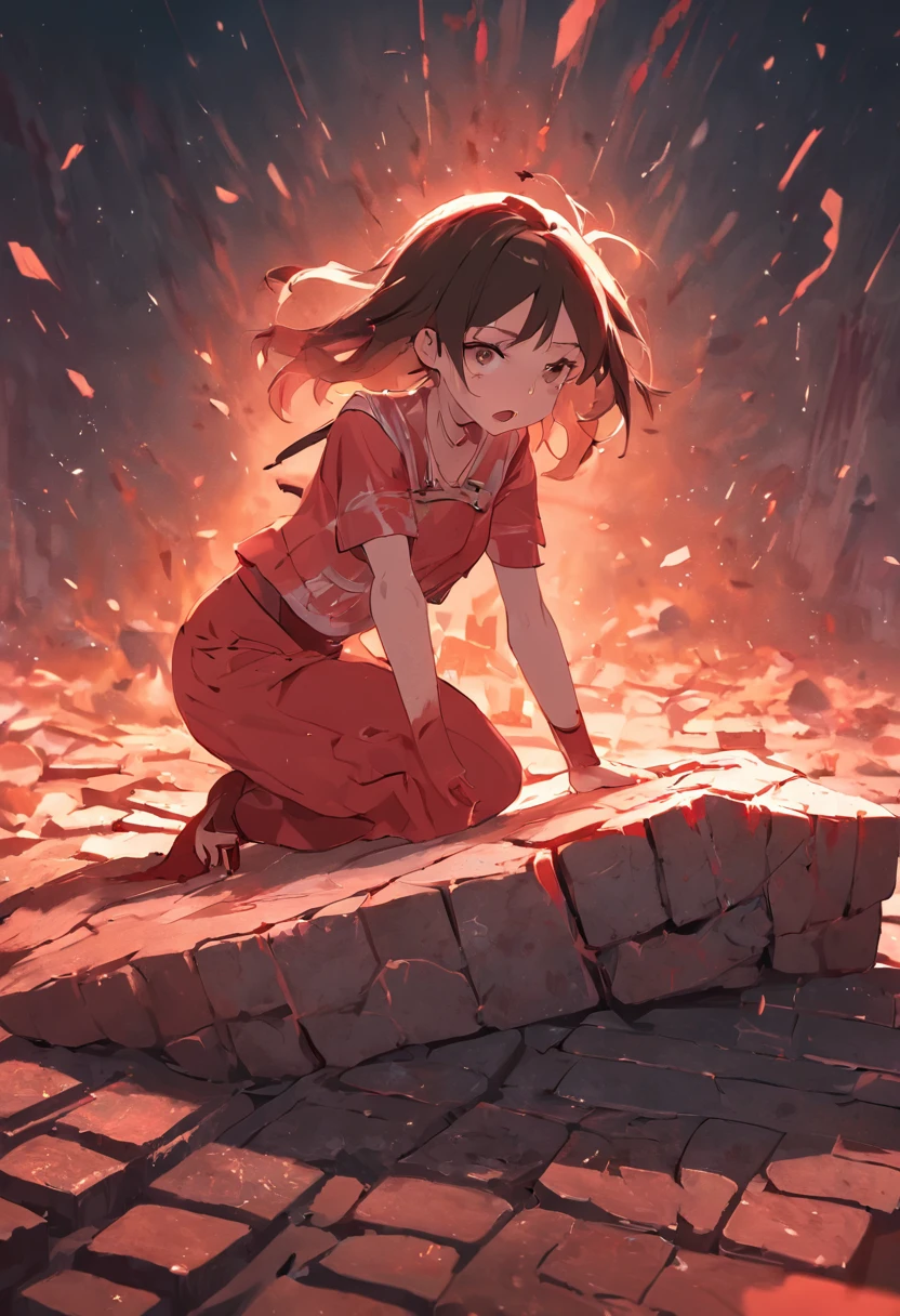 A girl is performing a chest crushing stone,The girl lay flat on the table,A huge square brick pressed against the girl,Blood appeared at the corner of the girl's mouth,A boy picked up a sledgehammer and smashed the stone bricks on the girl's body,The huge stone bricks were subjected to the impact and cracked
