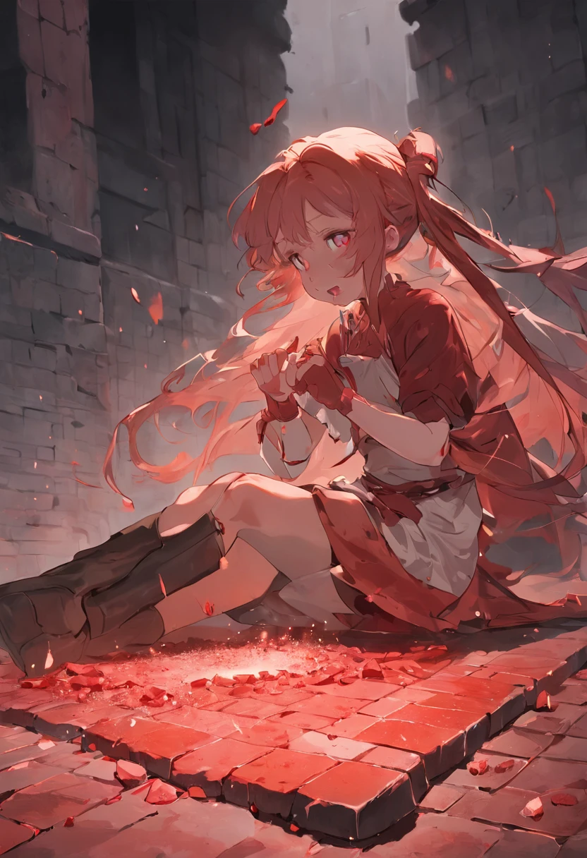 A girl is performing a chest crushing stone，The girl lay flat on the table，A huge square brick pressed against the girl，Blood appeared at the corner of the girl's mouth，A boy picked up a sledgehammer and smashed the stone bricks on the girl's body，The huge stone bricks were subjected to the impact and cracked