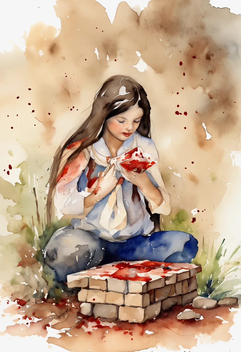 A girl is performing a chest crushing stone,The girl lay flat on the table,A huge square brick pressed against the girl,Blood appeared at the corner of the girl's mouth,A boy picked up a sledgehammer and smashed the stone bricks on the girl's body,The huge stone bricks were subjected to the impact and cracked