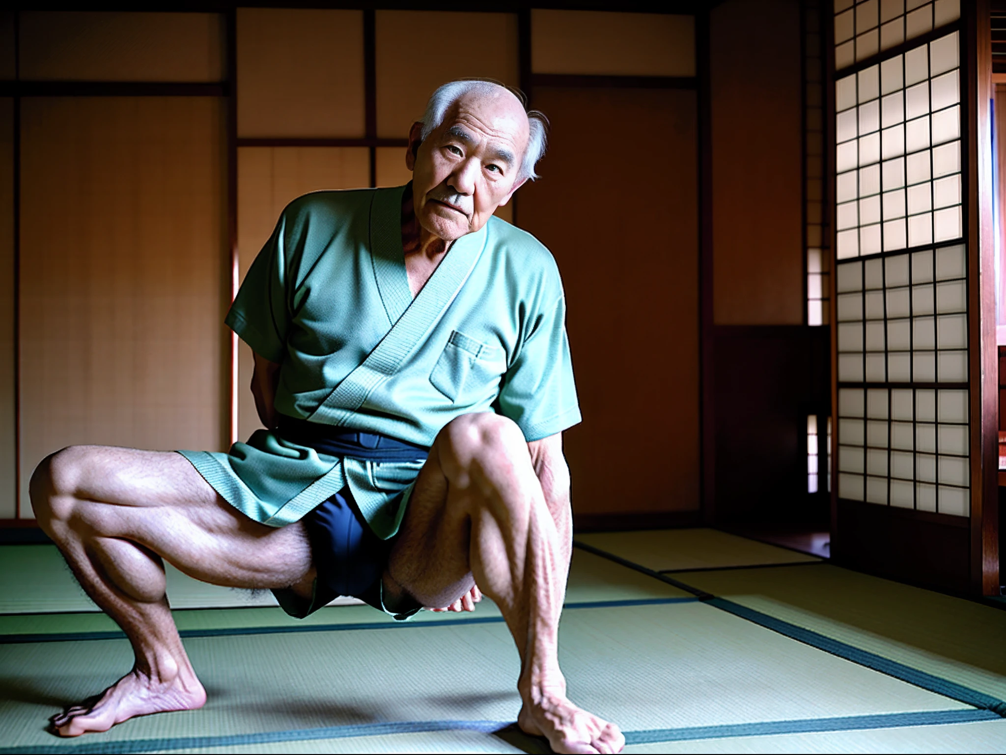 (male people),old age,Strong build,(spread their legs),No clothing,(sexy panty),In old Japanese houses,On tatami,large bulge,Hands tied behind their backs,The crotch faces the camera