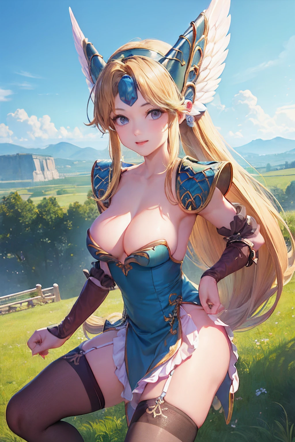 (​masterpiece、top-quality:1.2), cowboy  shot, 独奏, 1girll, Leeds, embarassed expression, Mouth closed, Look at viewers, long hair with low knots, Winged helmet, doress, s Armor, armor on the shoulders, bridal gauntlets, cleavage of the breast、(((Stockings)))、((opening legs))、a miniskirt