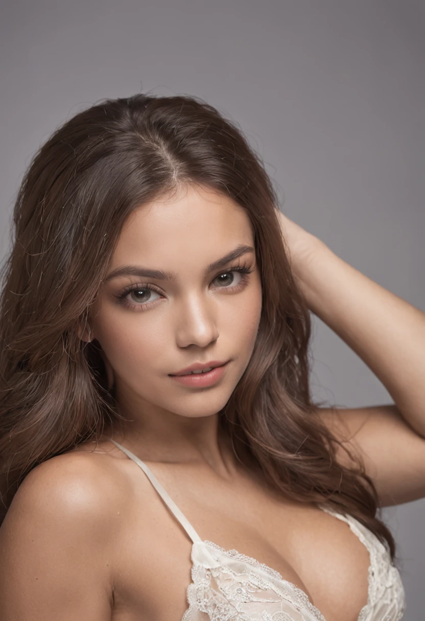 mulher sexy, 20 anos, esguio, atletic, pele bronzeada brilhante, Seios medios, cintura fina, cabelos loiros cacheados, lingerie branca, Realistic, fotografia, real, natural